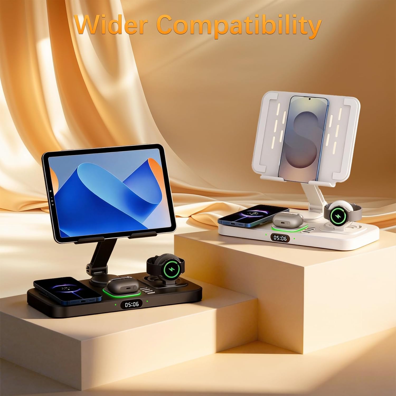 30W Foldable Fast Wireless Charger Stand for Multiple Samsung Device & Android, 6 in 1 Charging Station for Adjustable Tablet Stand with 7-Color Lights/Clock,Watch Charger Only for Galaxy Watch - Image 9