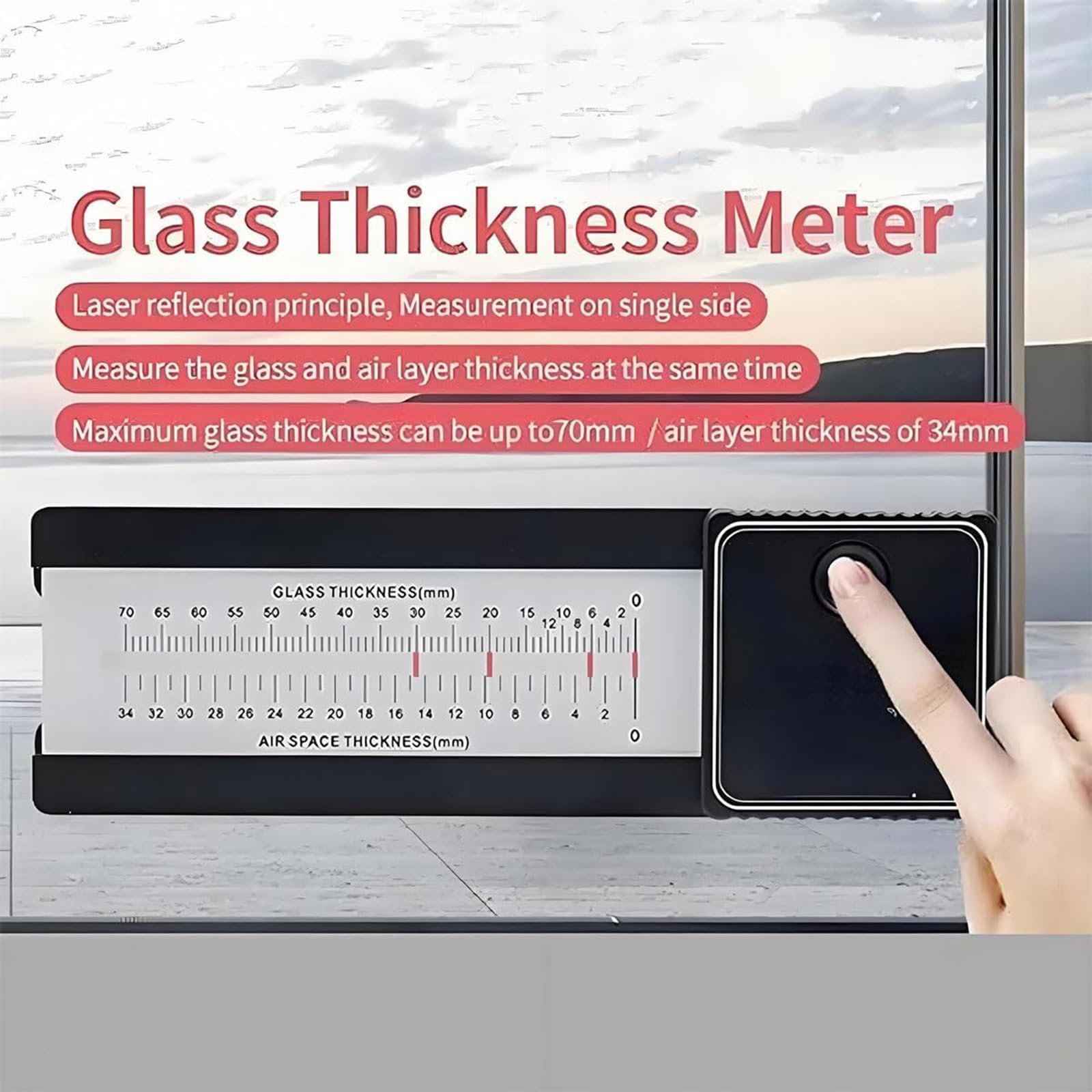 Medidor de grosor de vidrio, probador de vidrio aislante con rango de medición de 70 mm, precisión de ± 0,5 mm, escala transparente para inspección y supervisión