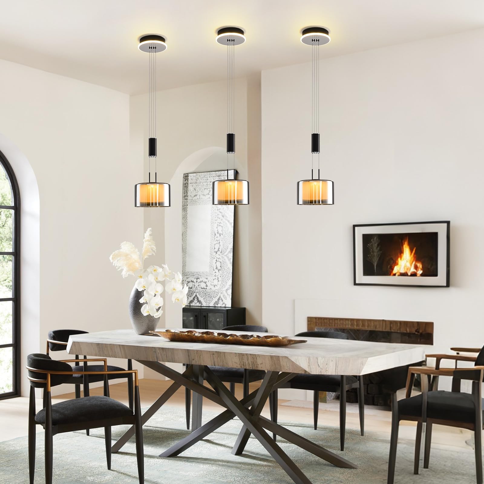 Modern Pendelleuchte Glas, Dimmbare Hängeleuchte Esstisch, Led Esszimmerlampe Höhenverstellbar, Hängelampe Wohnzimmer, Küchenlampe Hängend mit Glas Lampenschirm und Fernbedienung