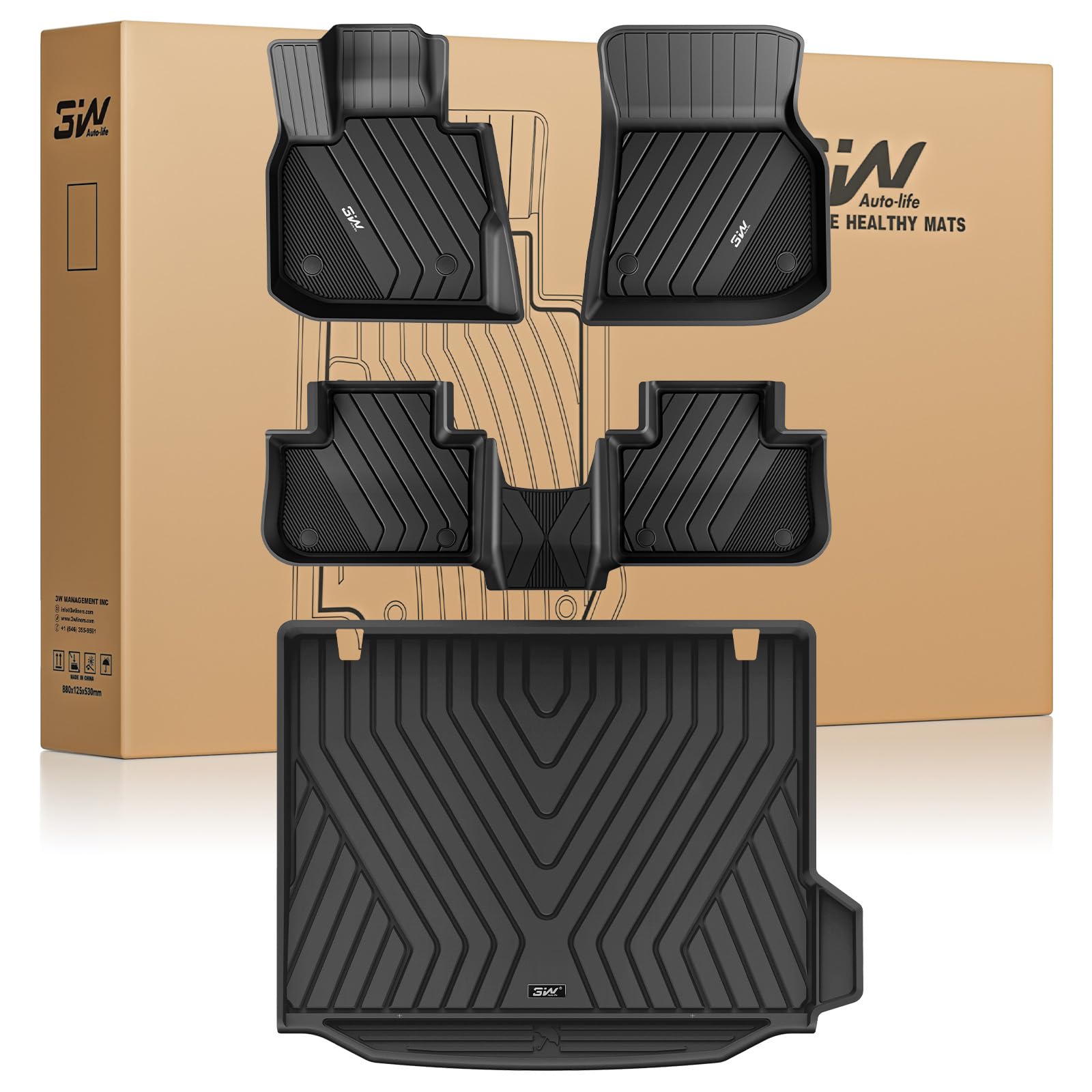 3W 2018-2024 BMW X3 Floor Mats & Cargo Liner, All Weather TPE BMW X3 Accessories Custom Fit for X3 G01 30i M40i X3M Car Mats (Only for car Without Spare tire) (Don't Fit X3 30e), 6PCS