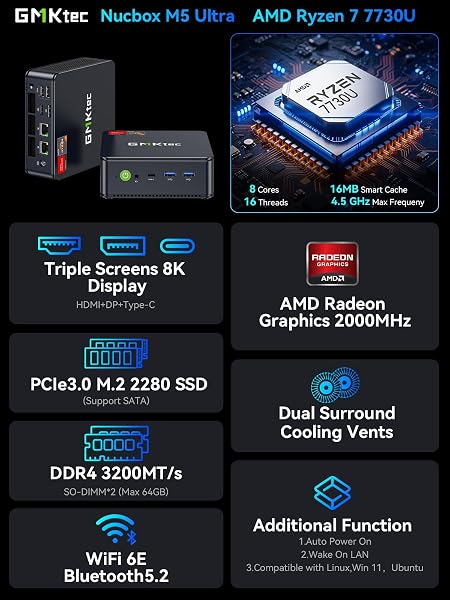 GMKtec AMD Ryzen 7 Mini PC W-11 Pro 7730U(Version améliorée 7430U/5825U) (8 C/16 T 4,50 GHz), M5 Ultra Dual LAN 2.5G Mini Computer, 32GB DDR4 RAM+1TB PCIe-SSD, WiFi 6, USB 3.2, USB-C, BT 5.2, DP, HDMI - 2