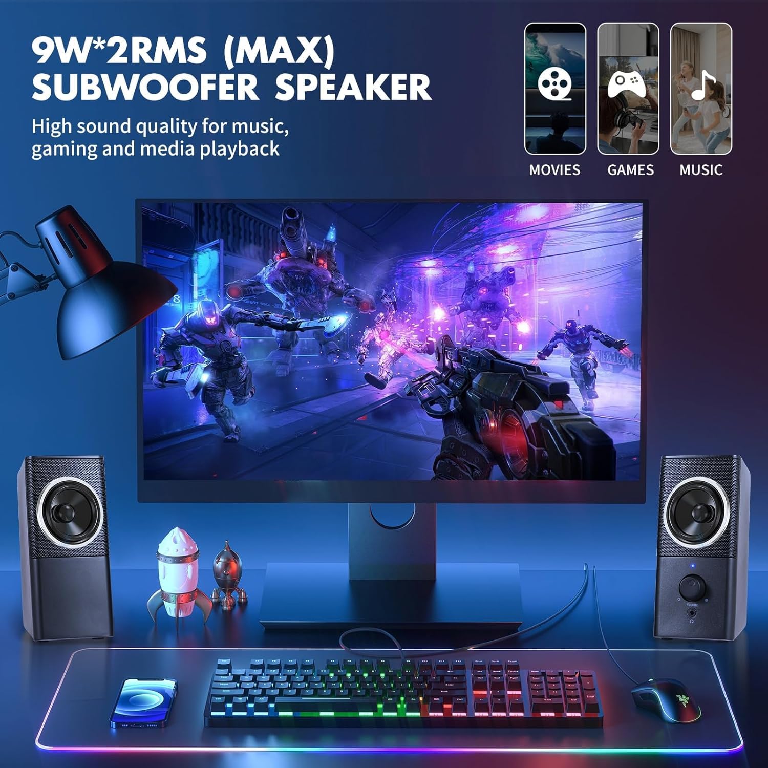 H21 - Altoparlanti classici per computer desktop, suono stereo completo, alimentazione USB, altoparlante da gioco con AUX da 3,5 mm multimediale per laptop/desktop/tablet/telefono