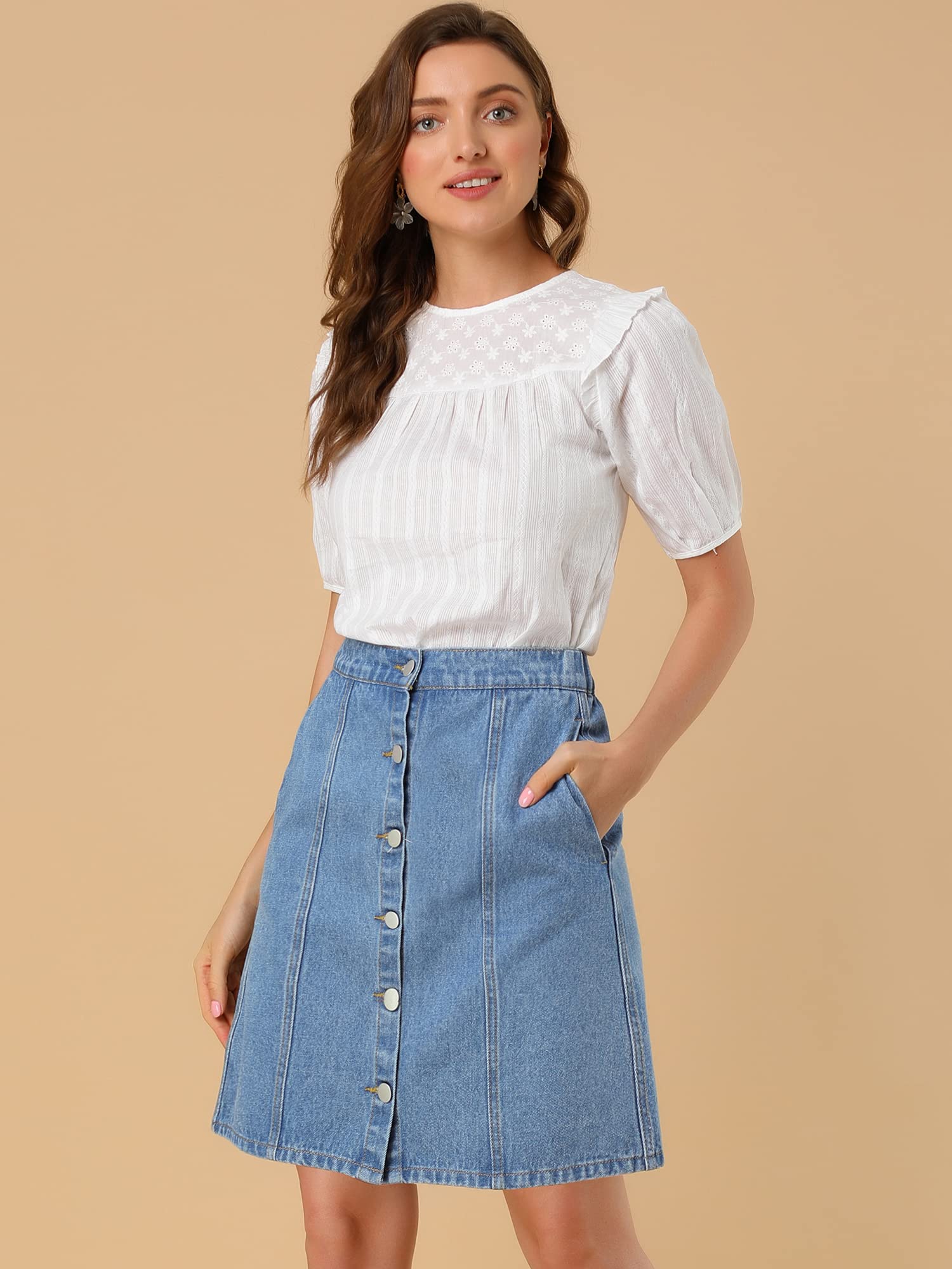 Allegra K Jupes en Jean pour Femme 2024 d'été décontractée trapèze Courte boutonnée, Bleu Ciel, Taille M