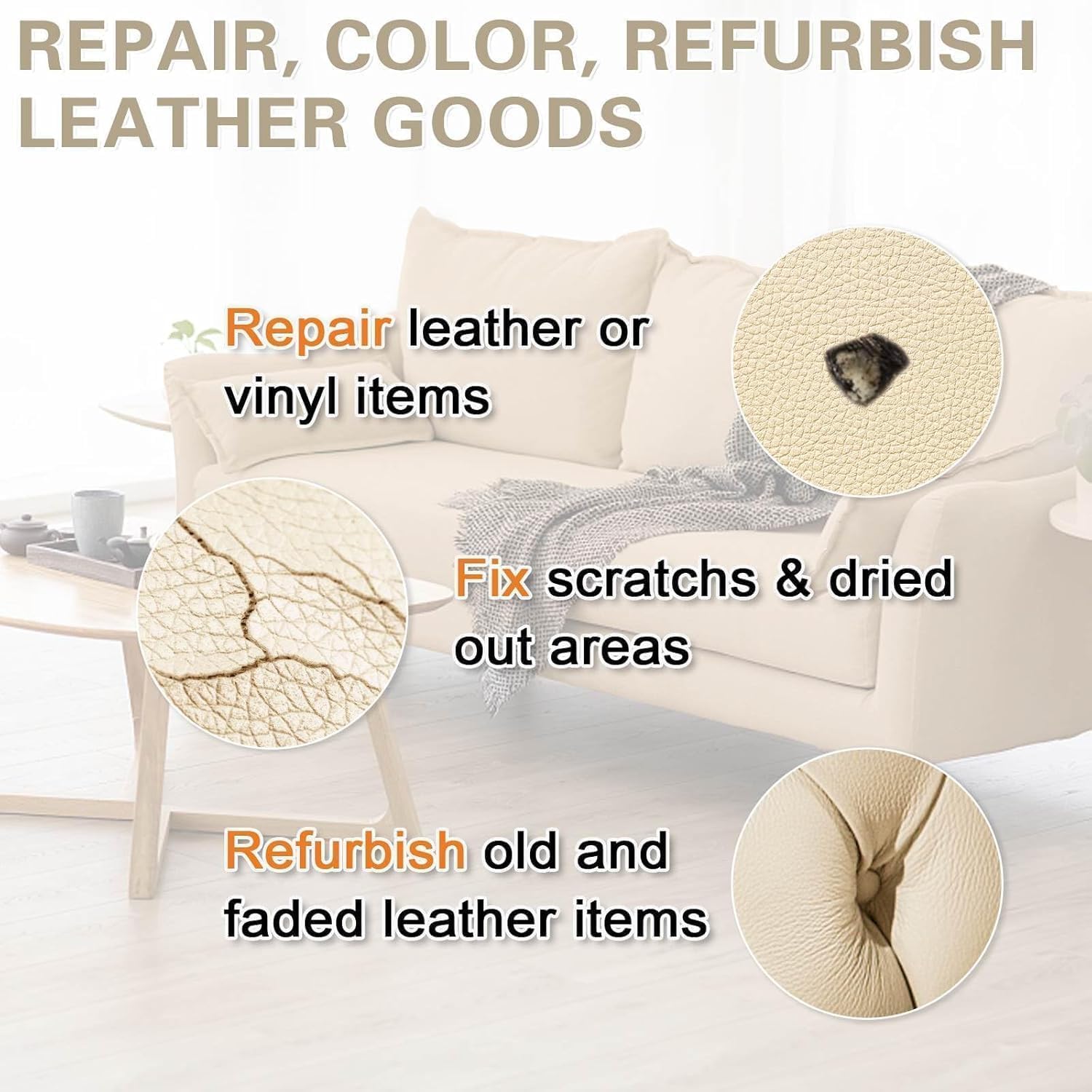 SEISSO Dark Beige Leather Repair Kit for Furniture, Vinyl Repair Kit Leather Dye Leather Repair Kit Car Interior Leather Recoloring Balm for Scratches, Fading Shoes, Car Seat, Sofa - Image 2