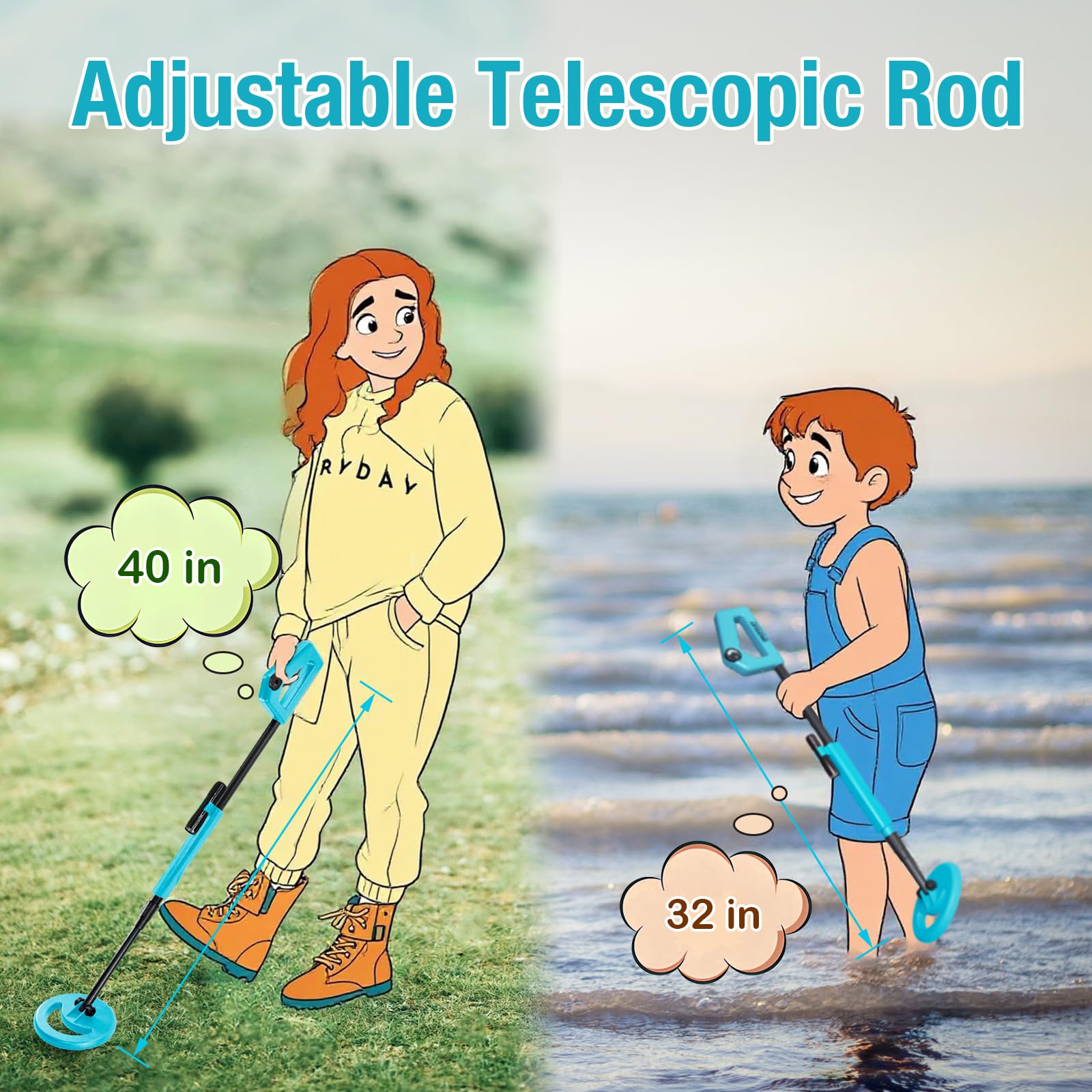 ALLOSUN Détecteur de métaux pour enfants avec bobine de recherche étanche de 15,2 cm, réglable de 79 à 102,1 cm avec lampe de poche pour exploration nocturne TS20A (bleu)