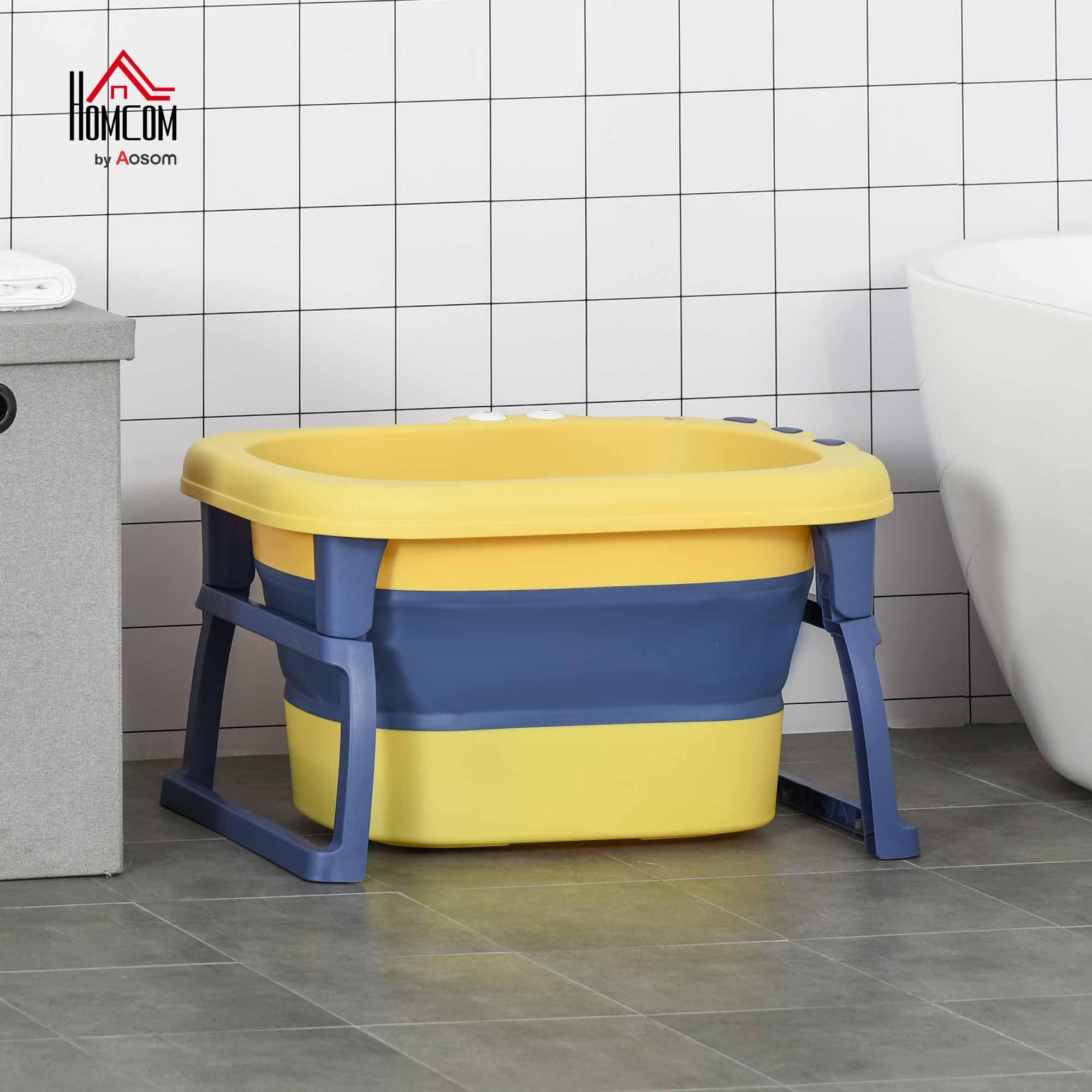 HOMCOM Bañera Plegable para Bebé de Recién Nacidos hasta 6 Años Bañera Portátil para Niños con Patas Antideslizantes 105L Amarillo y Azul