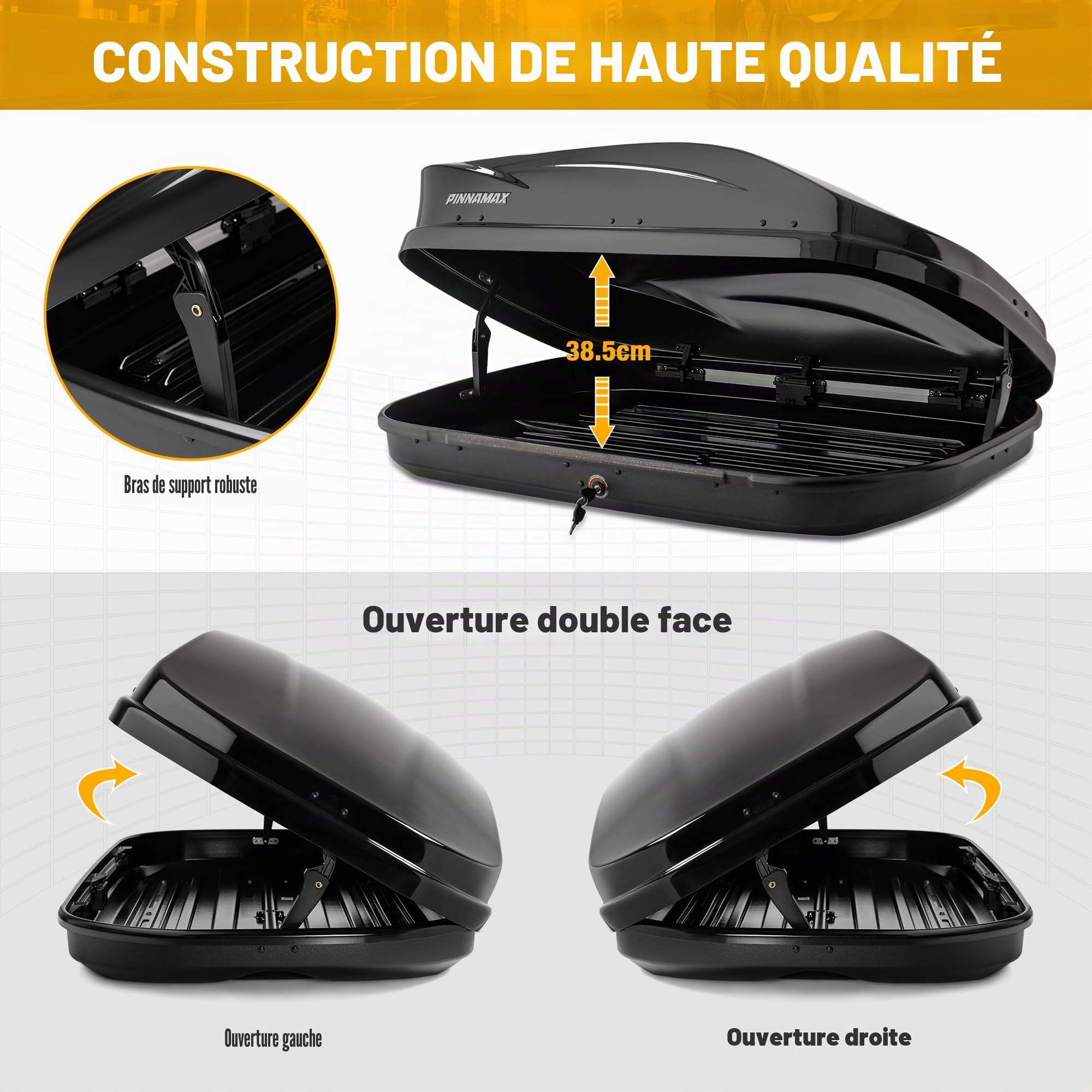 Coffre de toit verrouillable - 360 l - Ouverture des deux côtés - Coffre de toit étanche pour barres de toit, coffre de toit pour SUV, break, van (360 l)
