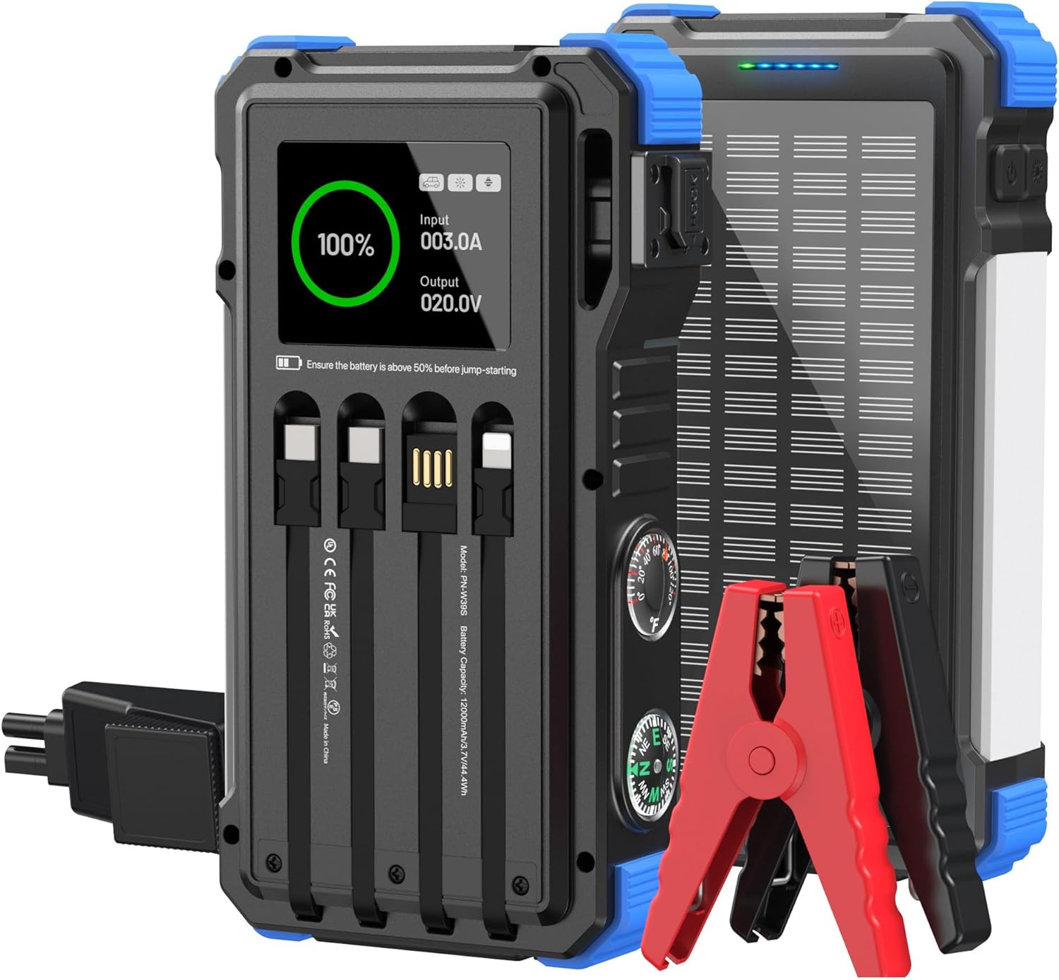 Car Battery Solar Jump Starter, 5000A Peak 12V Portable Jump Box for Up to 10.0L Gas & 6.0L Diesel Engines, Battery Pack with Built in Charge Cable, Jumper Cables & Flashlight,Blue