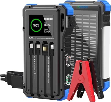 Car Battery Solar Jump Starter, 5000A Peak 12V Portable Jump Box for Up to 10.0L Gas & 6.0L Diesel Engines, Battery Pack with Built in Charge Cable, Jumper Cables & Flashlight,Blue
