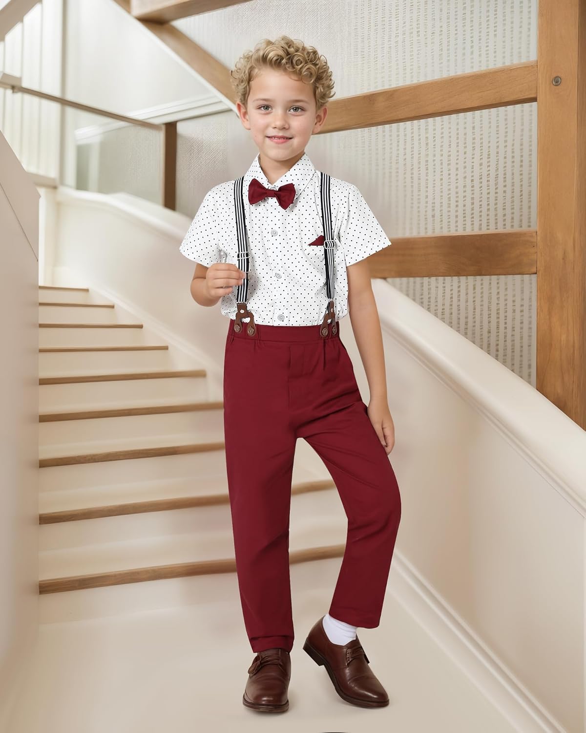 DISAUR Boy Suits Boys Wedding Outfit Dress Shirt with Bowtie/Suspender Pants for Formal Occasion 6-10 Years - Image 3