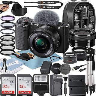 Sony Alpha ZV-E10 Mirrorless Vlog Camera with 16-50mm Lens + Two Pack 32GB Memory Card + Flash + Tripod + Backpack + A-Cell Mobility Accessory Bundle (Black)