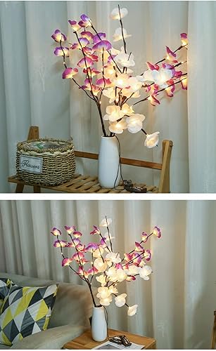 Miniatura 4 de Fantasee Luces de ramita de orquídea morada, 20 luces LED artificiales de rama Phalaenopsis alimentadas por pilas, luces de decoración de ramas