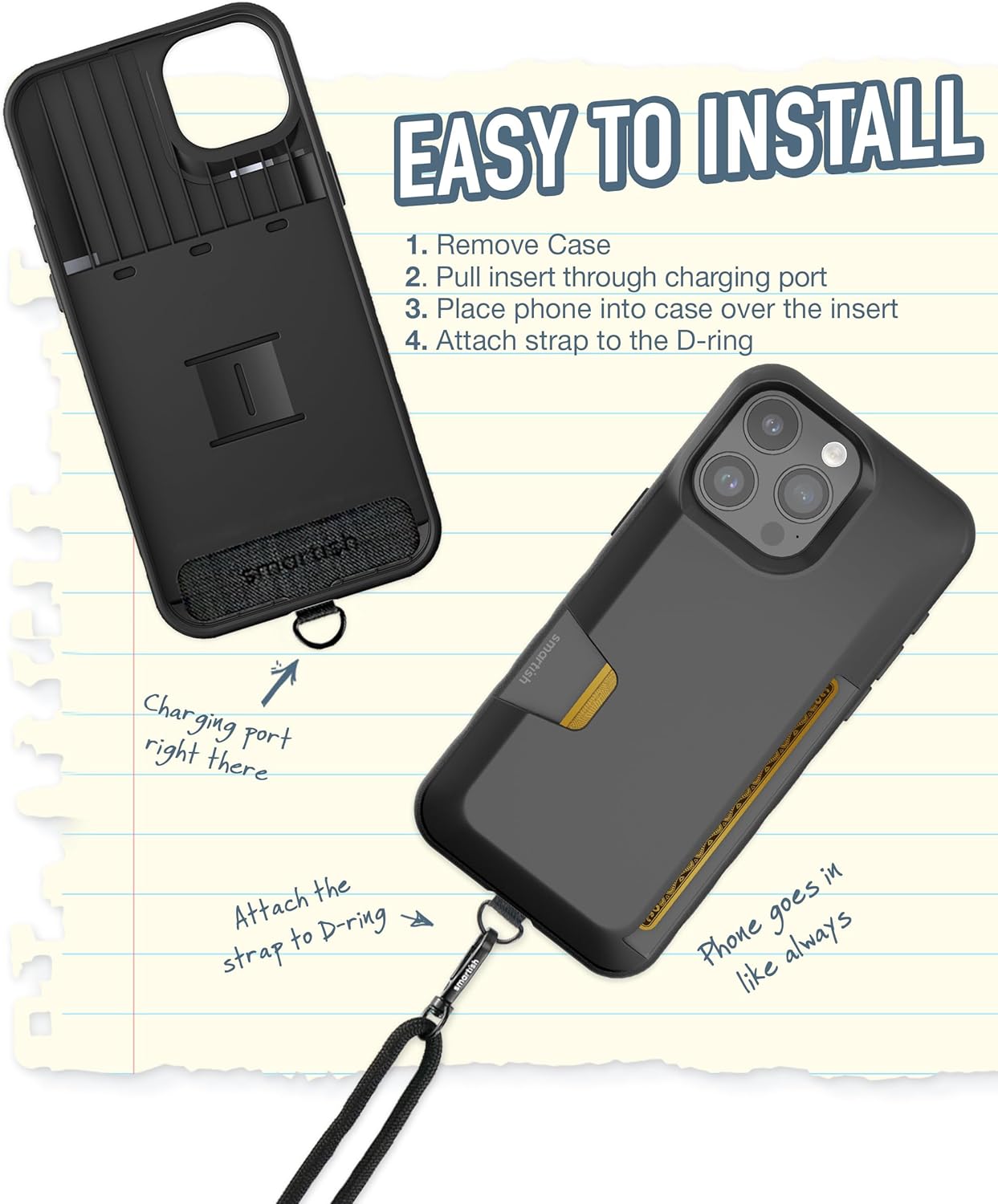 Smartish iPhone 15 Pro Max Wallet Case with Crossbody Lanyard Strap - Wallet Slayer Vol. 1 - [Slim + Protective] Credit Card Holder with Universal Detachable Shoulder Neck Strap - Black Tie Affair