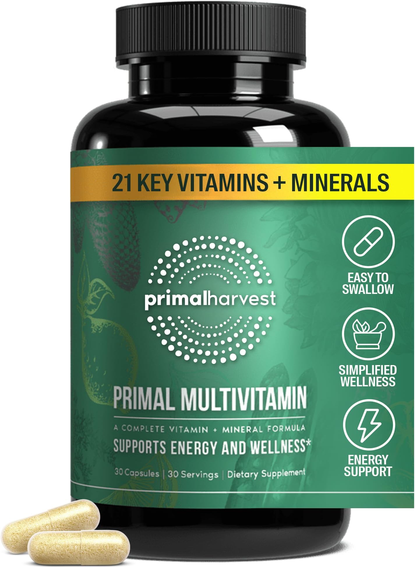 Primal Harvest Multivitamin for Women and Men Vitamin A, Vitamin C, Vitamin D and E, Vitamin B12, B6, Biotin, Zinc Supplements, 30 Capsules