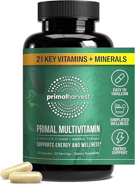 Primal Harvest Primal Multivitamin - Daily Multi-Vitamin Supplement with 21 Essential Vitamins & Minerals for Women & Men - Vitamin A, C, D, E, B12, B6, Biotin, Folic Acid, Zinc, Copper & Selenium