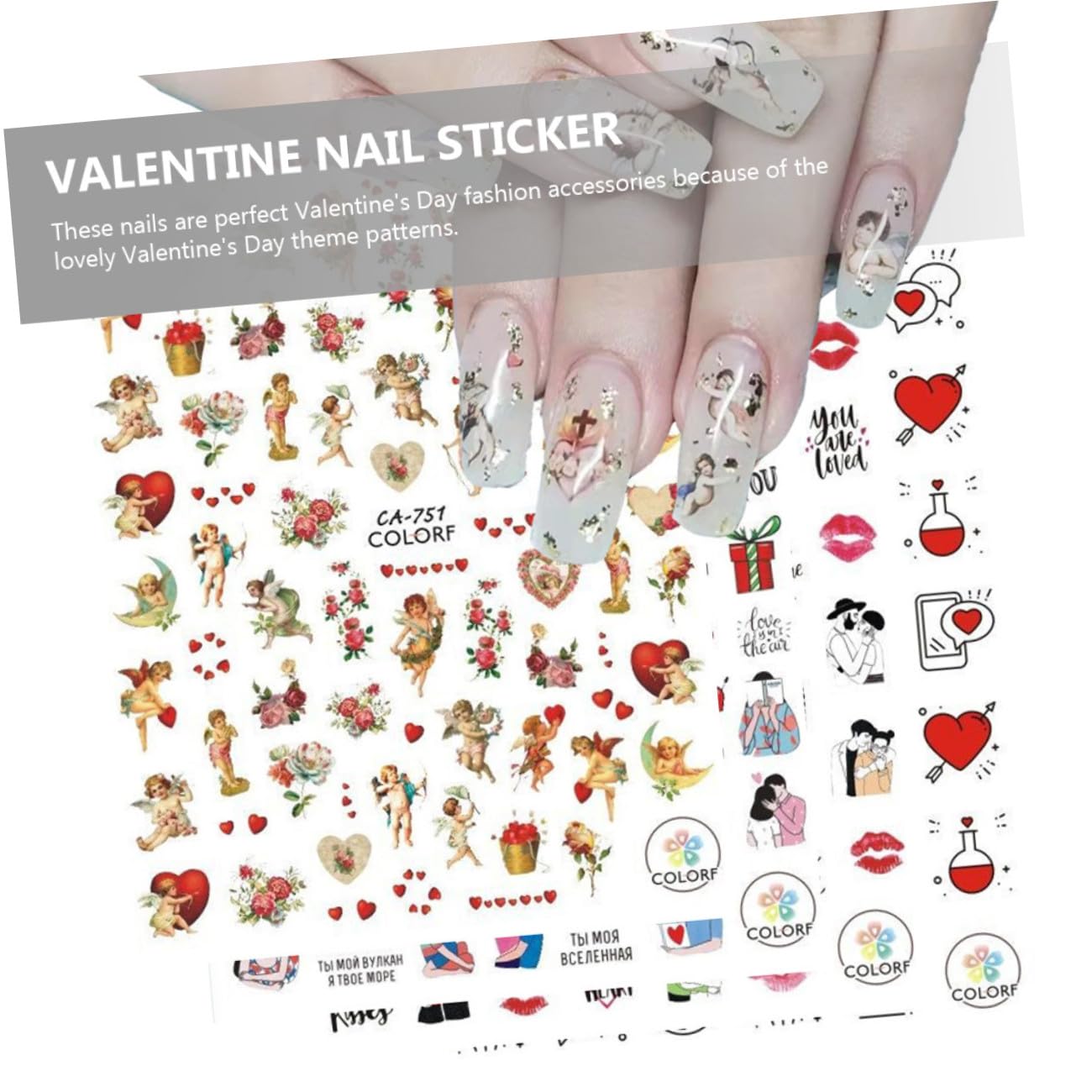 ABOOFAN 45hojas Pegatinas Adhesivas De Uñas Para San Valentín Diseños De Cupido y Rosas Fácil Aplicación Para Manicura