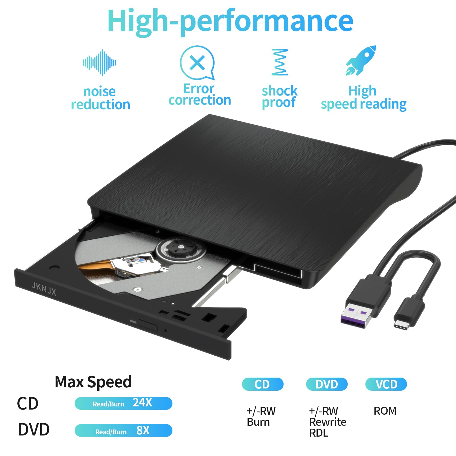 JKNJX External DVD Drive,USB 3.0 and Type-C CD DVD Disc Reader