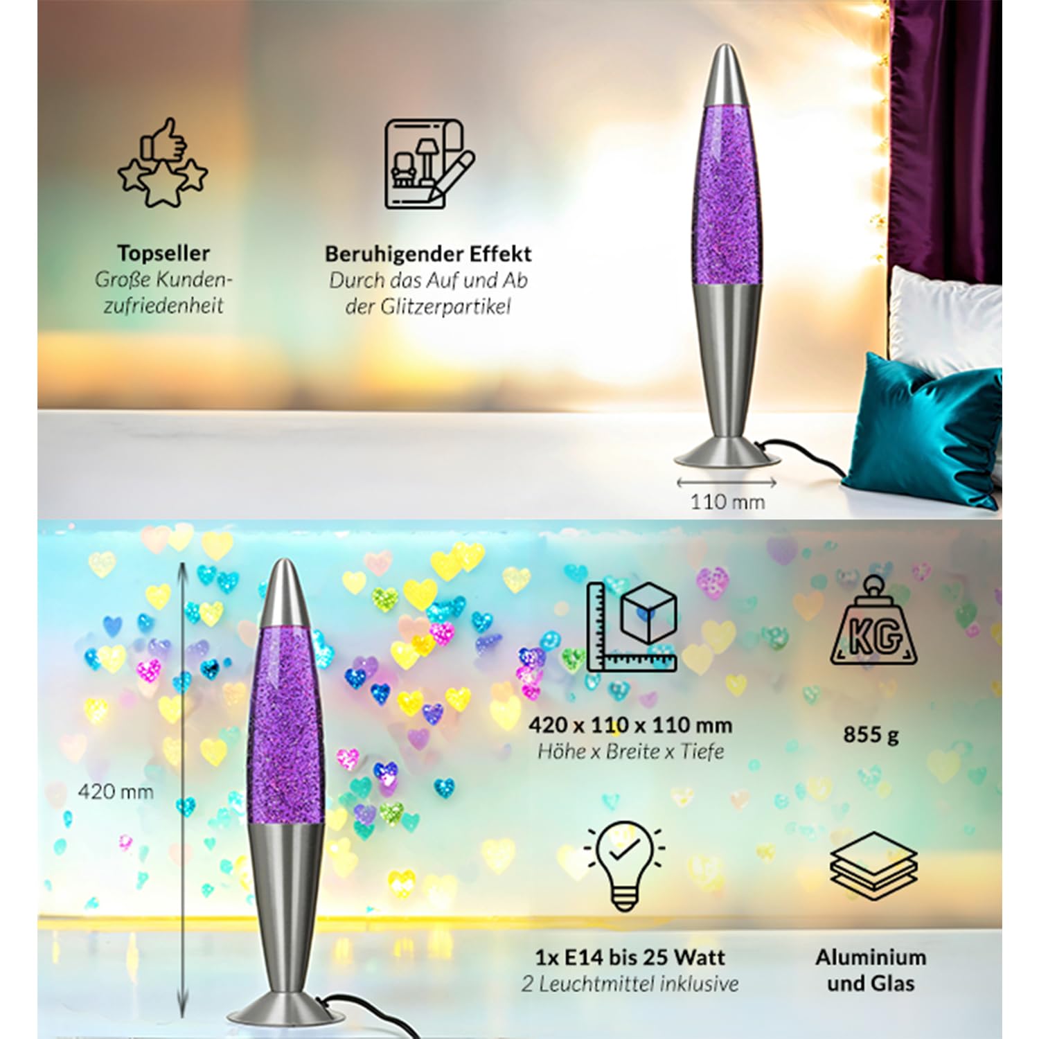 Easylight Lavalampe Lila mit Glitzer, Silber Glitzerlampe, Retro, Wohnzimmer, dekorativ, H:42 cm, G9, inklusive Leuchtmittel, aufregend, Glitter, Tischleuchte JENNY