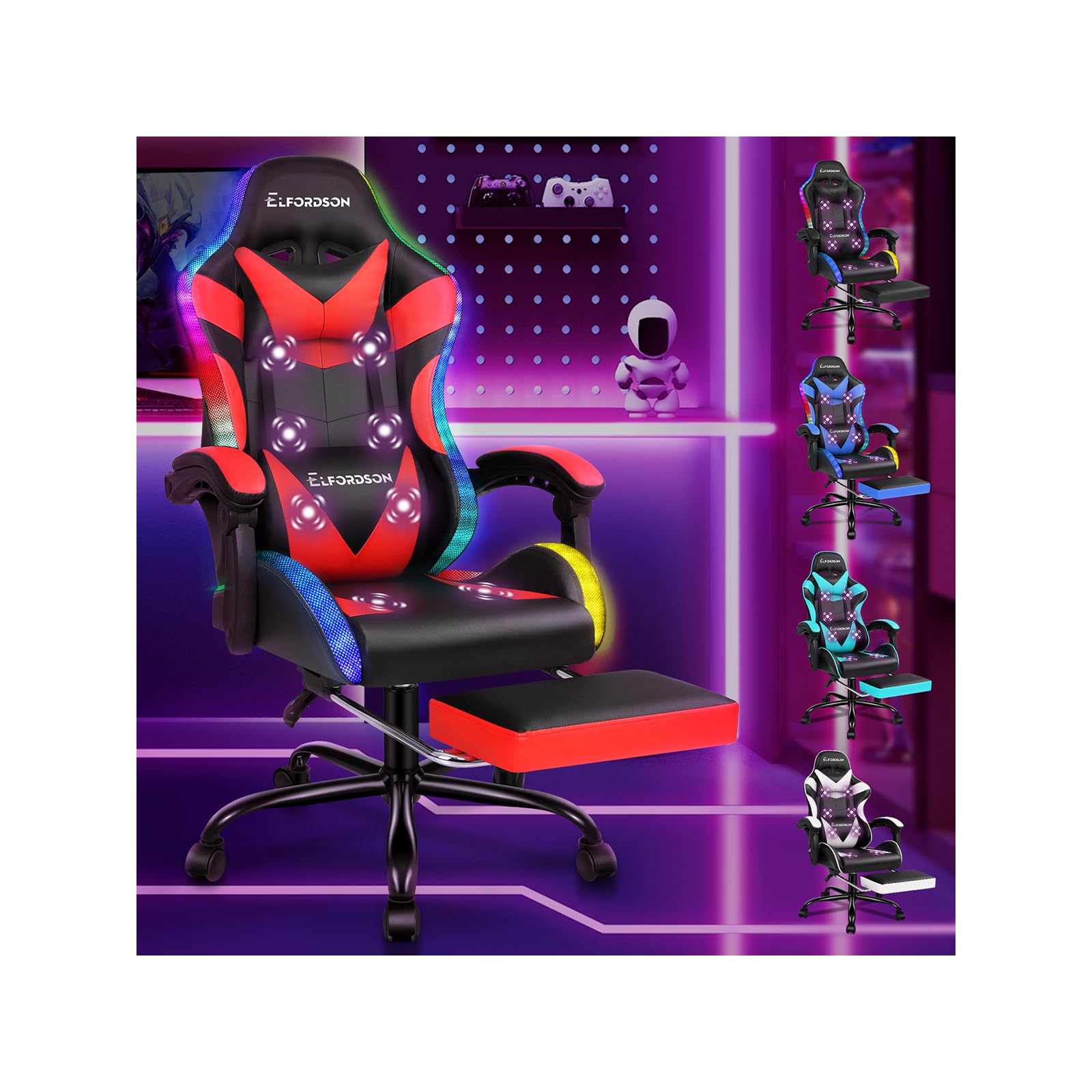 ELFORDSON LED Gaming Chair with 8-Point Massage, Ergonomic Computer Office Chairs with Headrest, Lumbar Cushion, Footrest, RGB Light, High Back 150° Reclining, 360° Swivel, PU Leather, Red