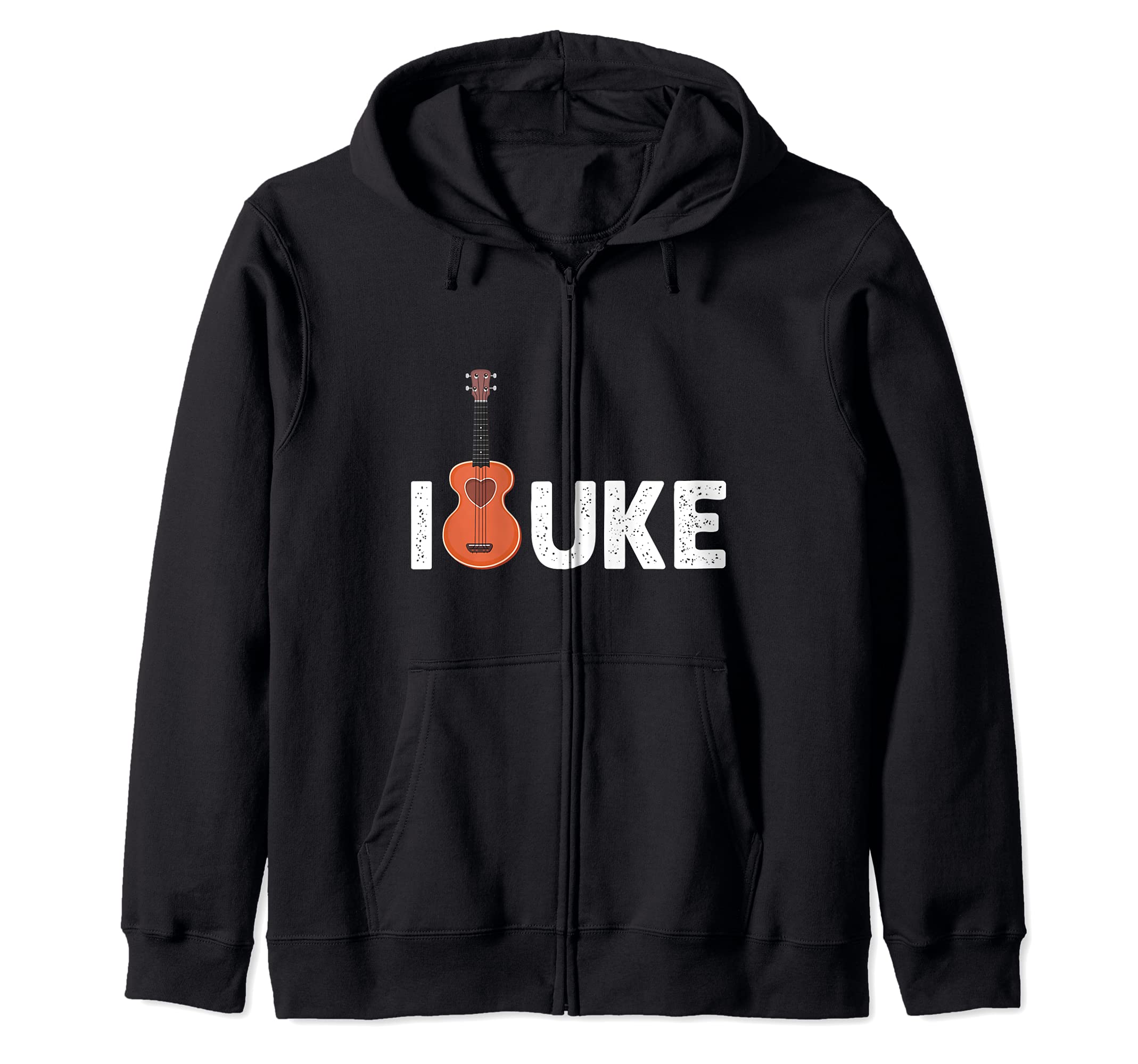 I Love Uke Heart Hawaiian Acoustic Musician Guitar Hawaii Zip Hoodie, Black