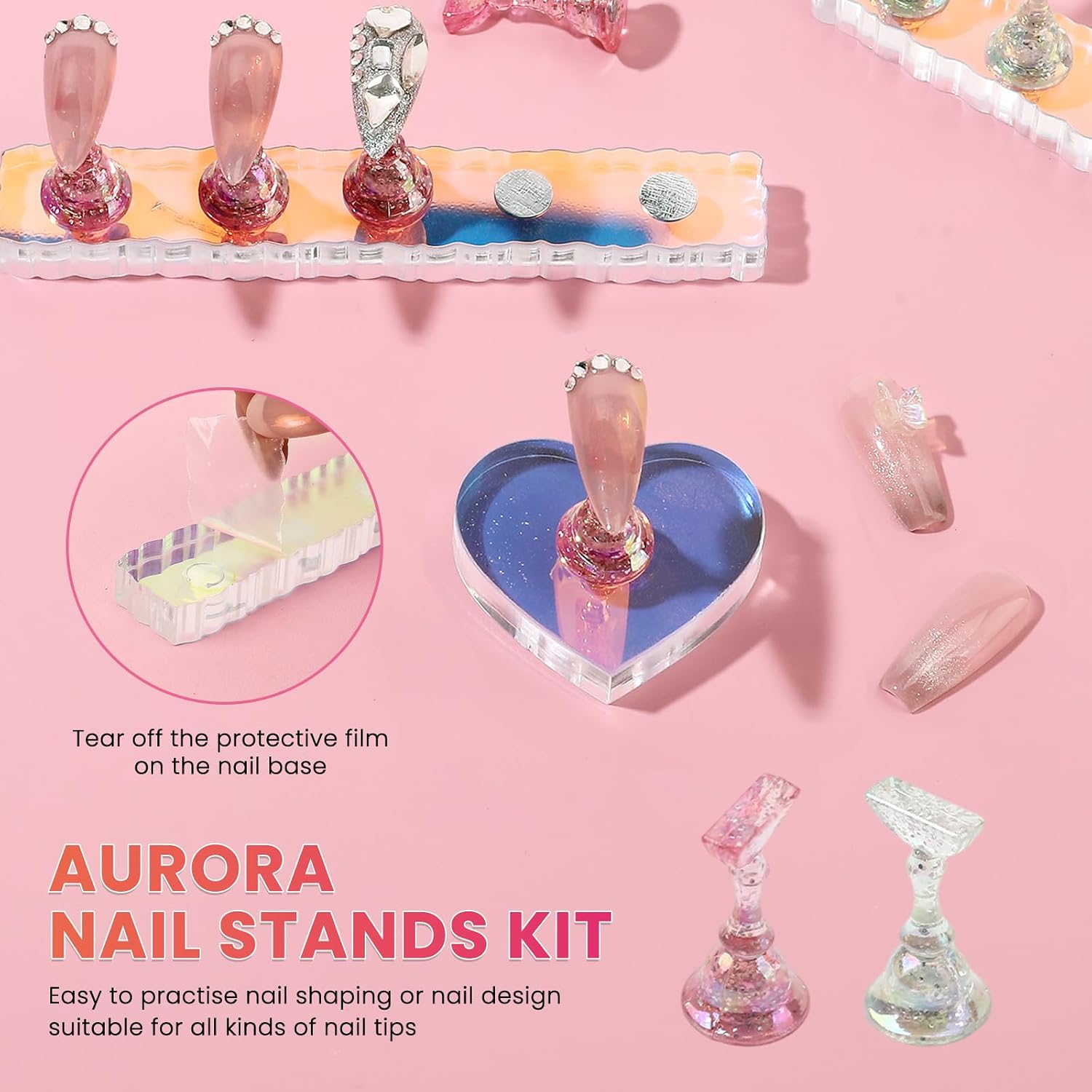 BQAN Nail Holder Stand 2 Set for Nail Painting & Press On Nails with Tape | Heart Aurora Design | Acrylic Nail Painting Practice | Fake Tips Holder | Press On Nail Display | 200 Double-Sided Tapes