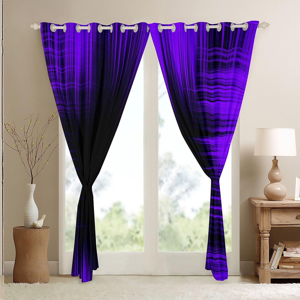 Bedluxy Abstract Ombre Window Curtains Purple and Black Window Dreapes for Kids Boys Girls Geometric Artistic Smear Blackout Curtains(30%-50%) Geometry Stripes Window Treatments W46*L72 - Image 4