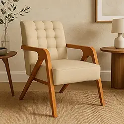 Poltrona Cadeira Decorativa Tecido Linho Pés Madeira Maciça para Sala de Estar Recepção (Bege)