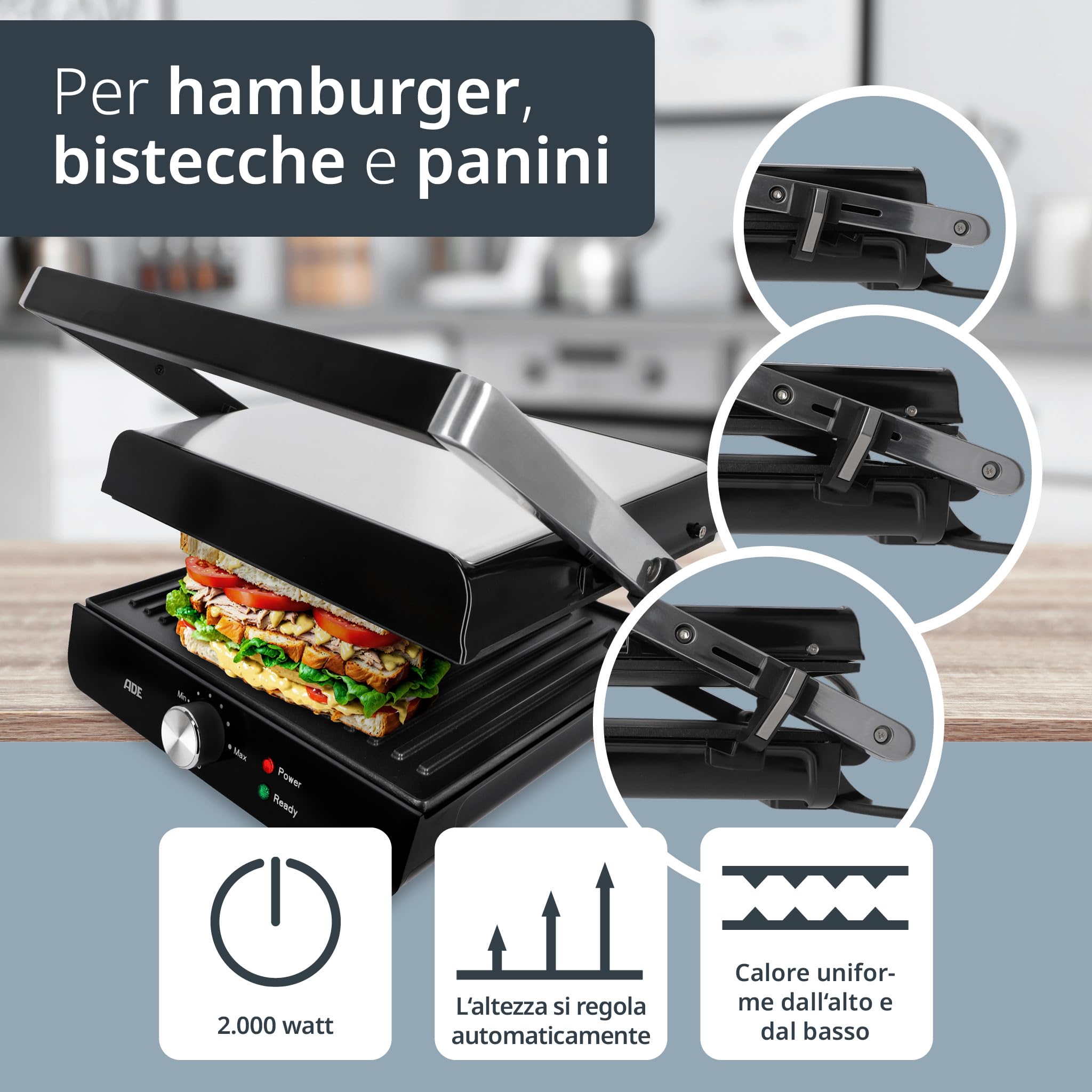 ADE Bistecchiera elettrica per sandwich | piastra elettrica per cucinare | tostapane piastra | griglia elettrica perfetta per bistecche, verdure, panini, tramezzini | 2.000 watt