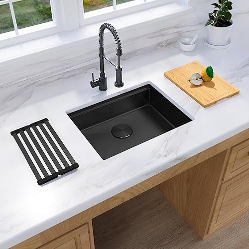 Miniatura 125 de Fregadero de cocina negro de 33 pulgadas, fregadero de acero inoxidable calibre 16, fregadero de estación de trabajo de un solo tazón con reborde