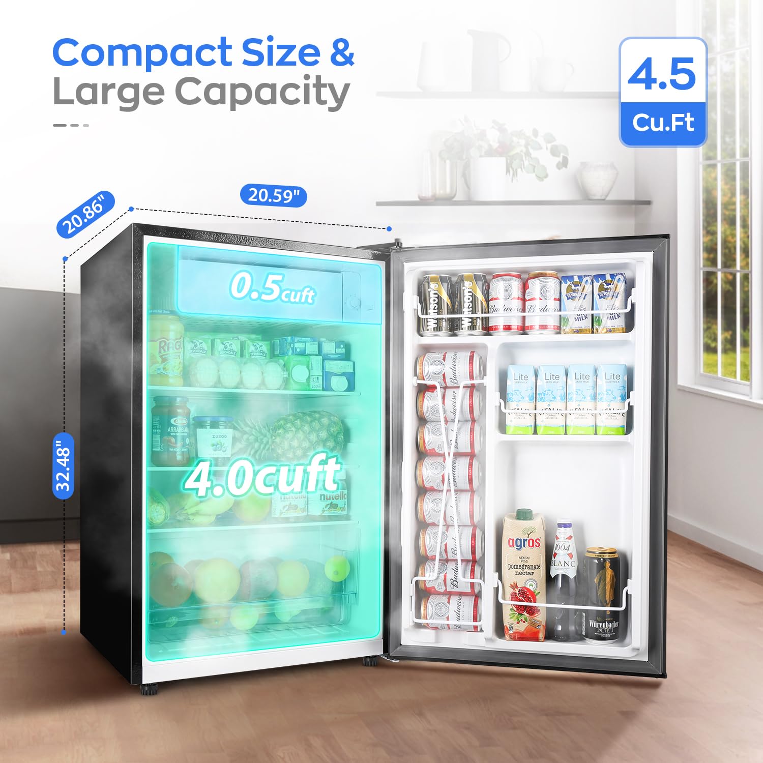 Upstreman 4.5 Cu.Ft Mini Fridge With Freezer, Single Door Small Refrigerator, Adjustable Thermostat, Low Noise, Energy-Efficient, Compact Refrigerator For Dorm, Office, Bedroom, Silver-Sr45 on Fridge.com - View 2