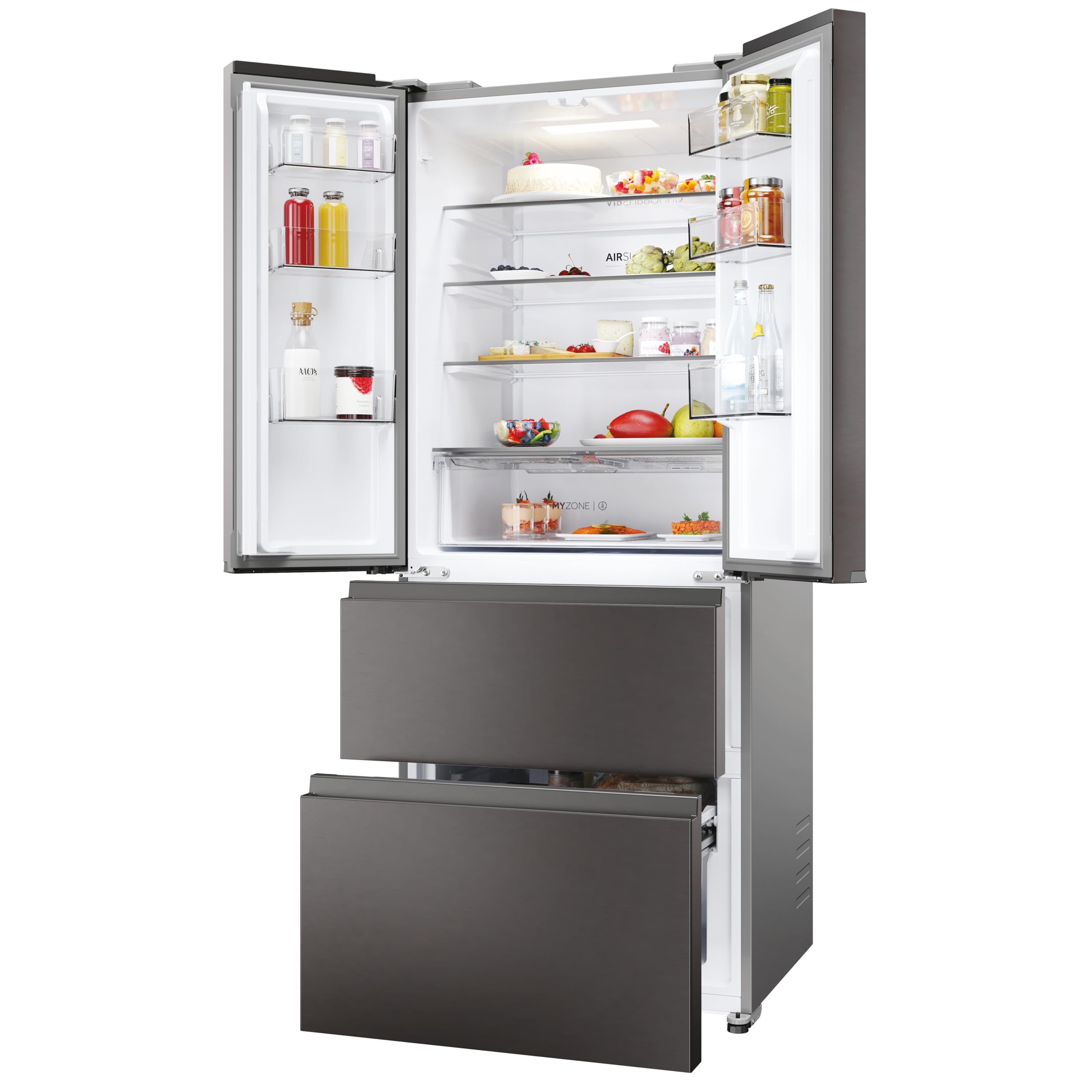 Haier FD 70 Serie 3, Frigorifero French Door, 2 Porte + 4 cassetti, 402 Litri, Total No Frost, Air Surround, My Zone, Libera Installazione, Classe E, (AxLxP) 177,5x70x68,8 cm, Dark Inox- HFR3718ENMD