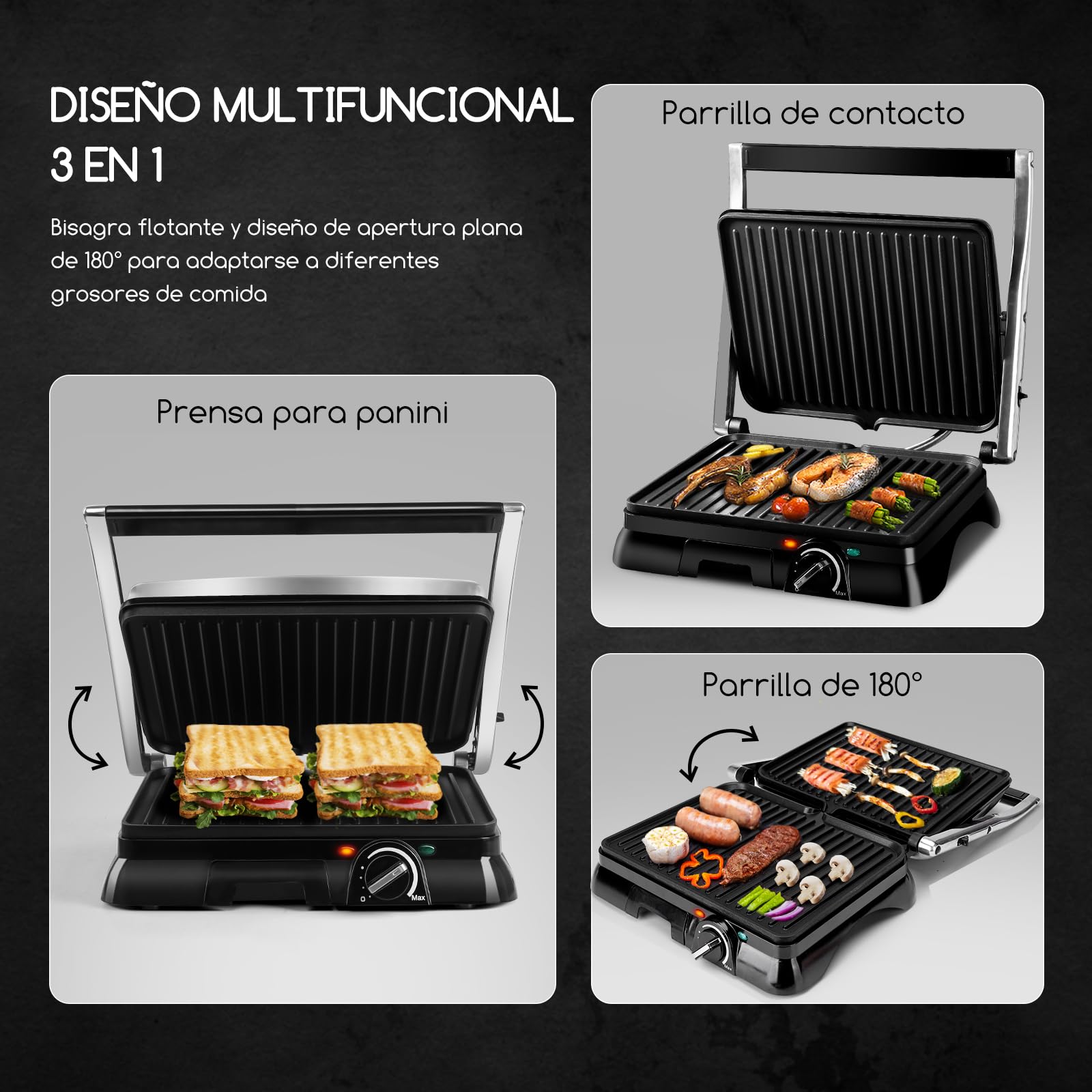 Aigostar Parrilla Eléctrica 2000W, Regulador de Temperatura y Apertura 180° | Sandwichera con Placas Antiadherentes sin PFOA, Ideal para Filetes, Carne y Verduras | Samson