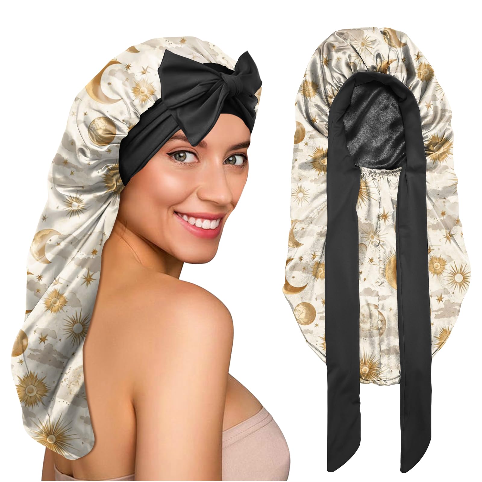 BHAHB Silk Long Satin Hair Braid Bonnet for Sleeping Adjustable Double Layer Elastic Reusable Long Hair Caps Cute Aesthetic for Women Girls-Sun