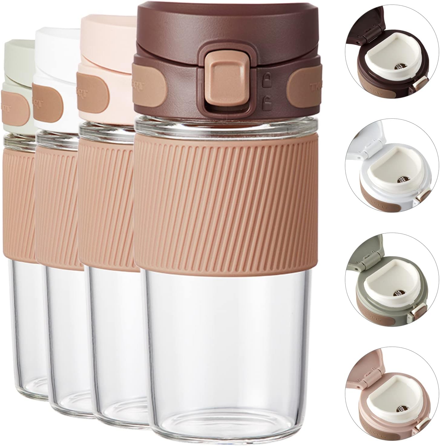 TKK Glass Travel Coffee Mug with Lid 15 OZ Leak Proof Reusable Coffee Cup with Silicone Sleeve - BPA Free, Brown
