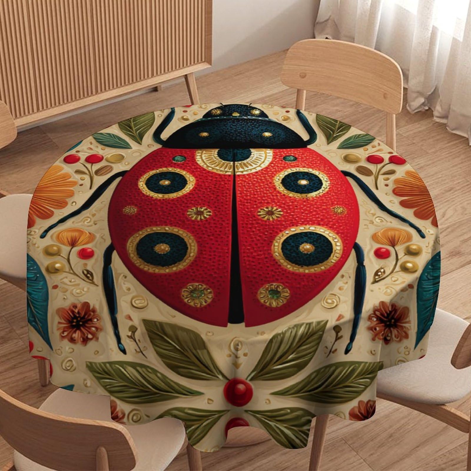 LUYYSKY Vintage Rustic Ladybugs Waterproof Round Tablecloth Beautiful Abstract Boho Animals Ladybugs Botanical Plants Flowers Washable Table Cover for Kitchen-177.8" Wx177.8 L cm