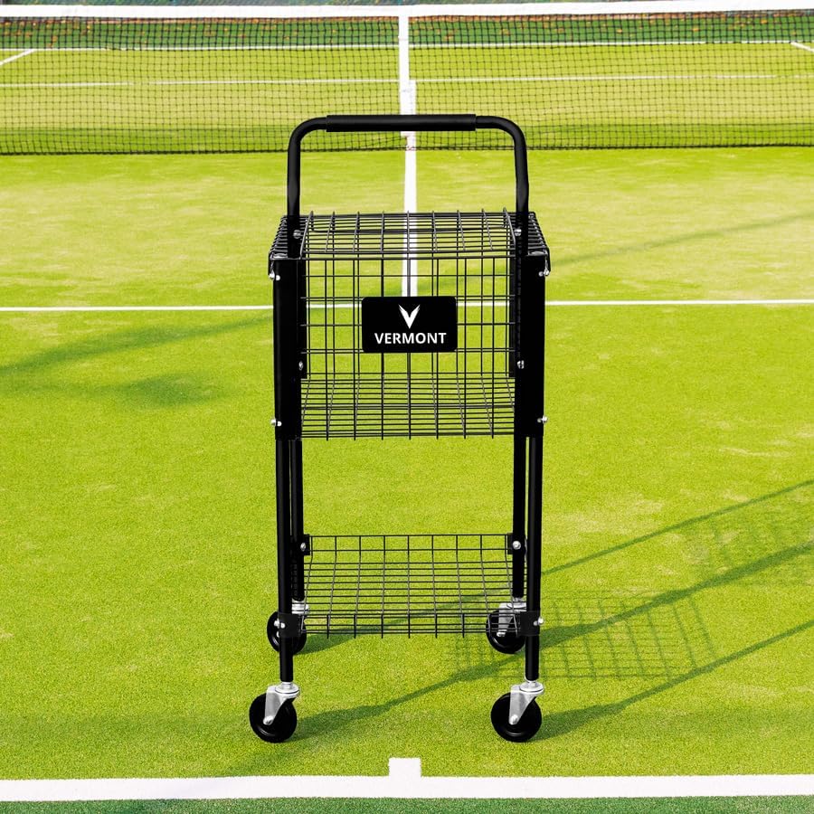 Vermont Teaching Tennis Ball Cart | 325 Ball Capacity - Aluminum Frame with Rolling Wheels & Foam Handle - Portable, Durable Storage Trolley - Coaching Training Equipment