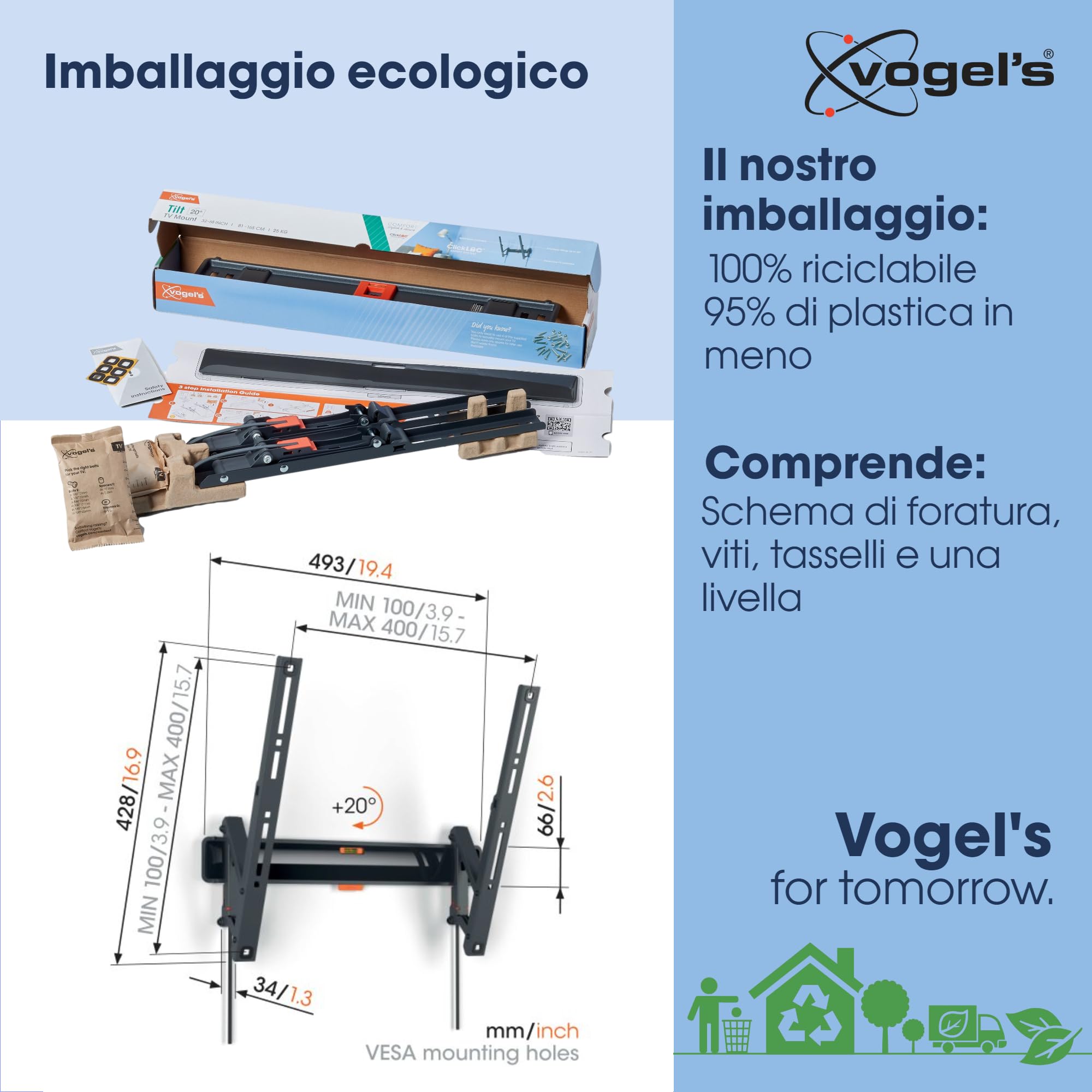 Vogel’s TVM 3415 Supporto TV inclinabile per televisori da 32-65 pollici, Max. 25 kg, Staffa da parete per TV max. VESA 400x400