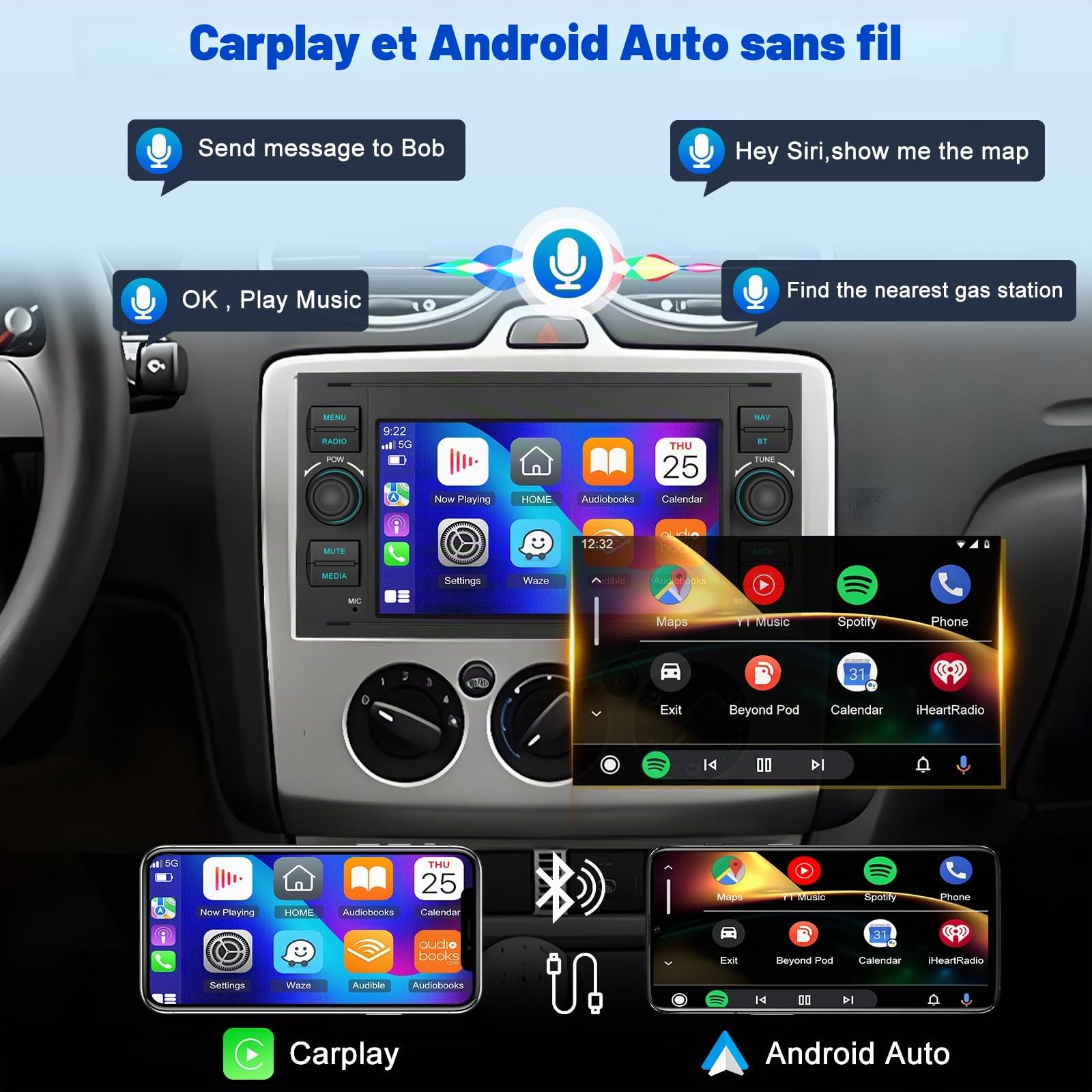 2G+64G Android Autoradio pour Ford Transit Fiesta Focus Galaxy Mondeo Fusion Kuga C-Max S-Max avec Wireless Carplay & Android Auto, Écran Tactile 9 Pouces avec WiFi, Navigation GPS, Bluetooth, FM RDS