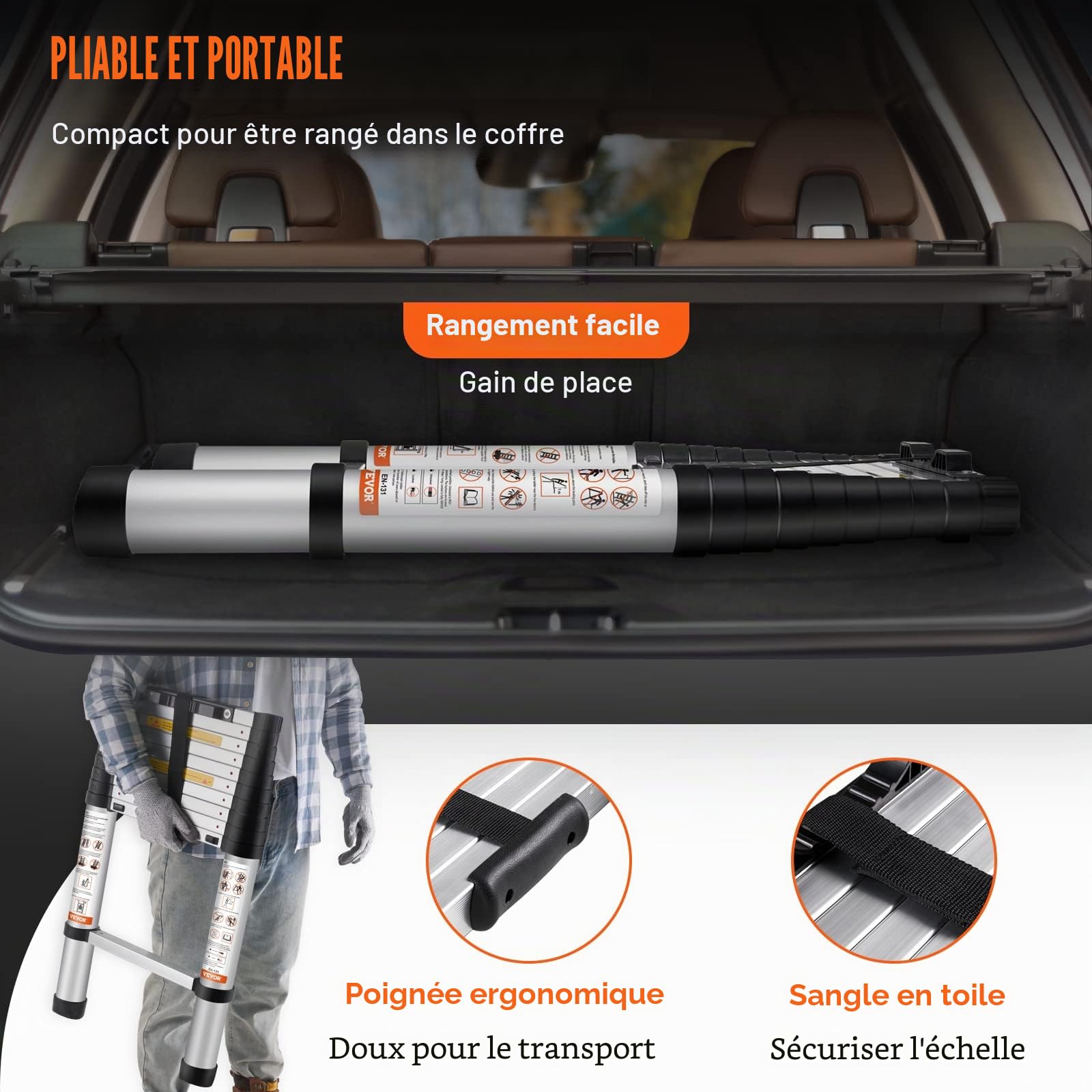 VEVOR Échelle Télescopique Aluminium 3,2 m Escabeau Extensible Capacité 170 kg avec Pieds Antidérapants Échelle Compacte Portable Polyvalente Rétraction à Un Bouton pour Réparation Maison Camping-Car