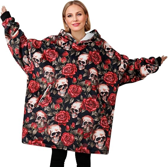 Sugar Skull Gifts for Women, Oversized Flannel Hooded Blankets, Gifts for Birthday, Christmas, and so on, One Size Fits Most