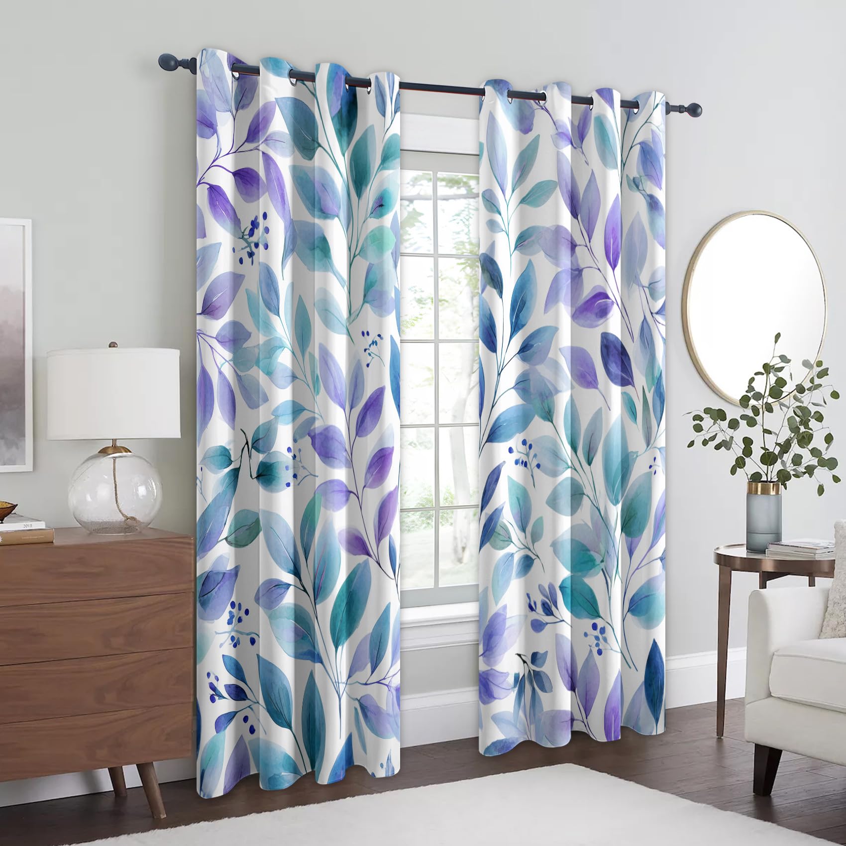Blätter Vorhänge, Verdunklungsvorhänge mit Muster Blätter, Vorhang Blickdicht mit Ösen, Gardinen für Wohnzimmer Schlafzimmer Deko 2er Set - 137x117 (H X B) F&V58