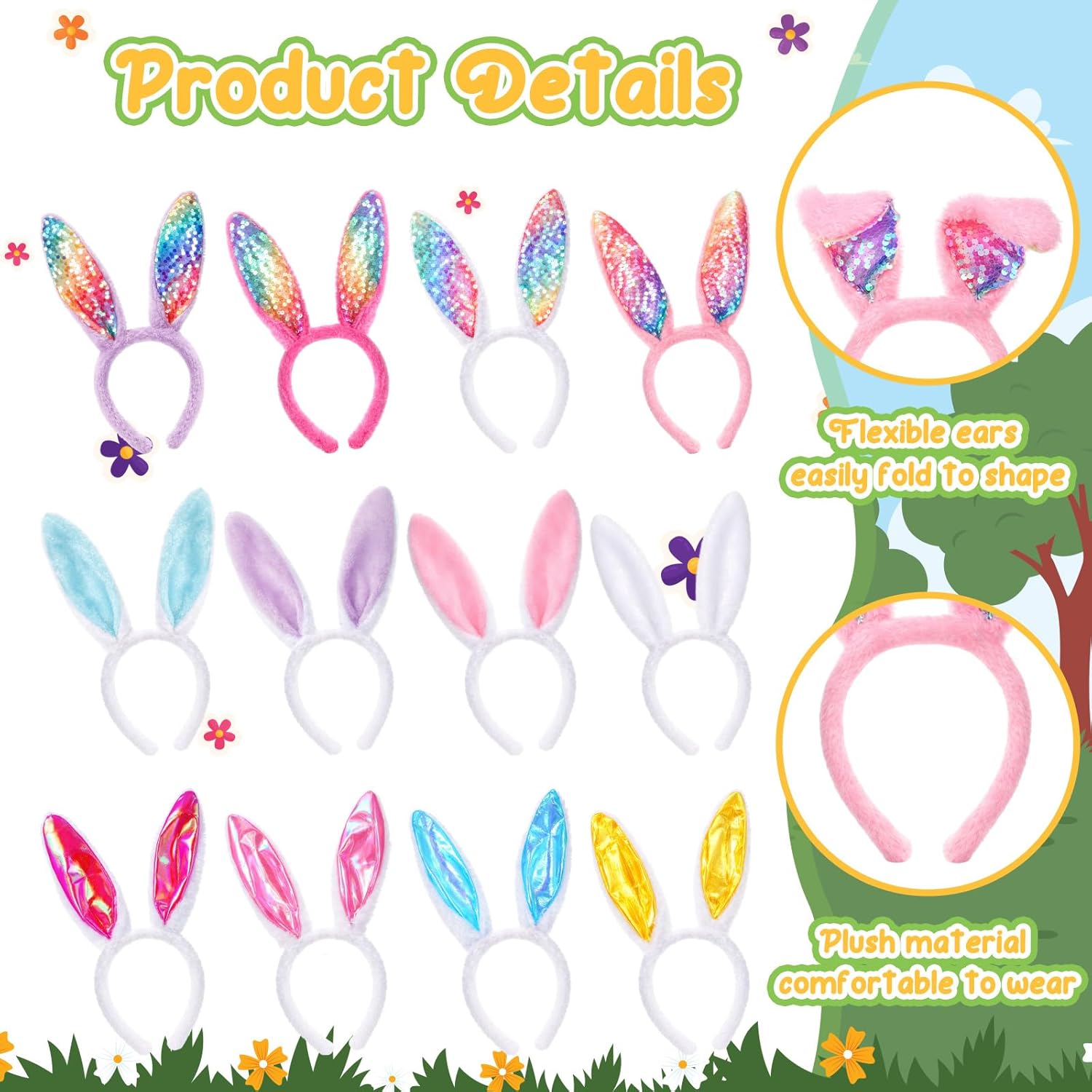 Retisee Easter Bunny Ears Plush and Sequin Bunny Ears Headband Colorful Headband for Easter Party Decoration Favors