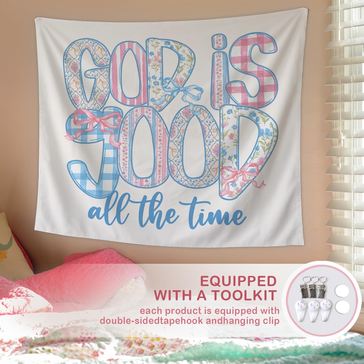 Lacama Cute Christian Tapestry, Preppy Bible Tapestry Decor for Bedroom College Dorm Apartment, College Dorm Decor,Christian Gifts for Women, God is Good all the Time Blanket 50x60 Inches