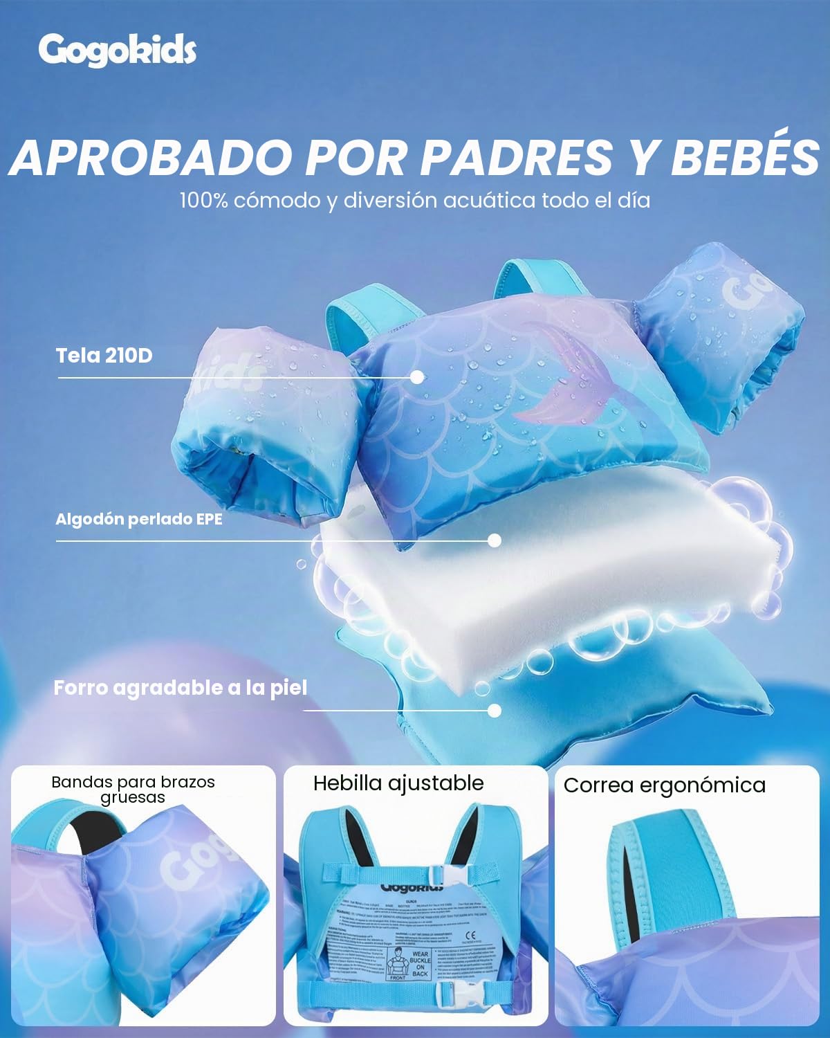 Gogokids Chaleco Flotante para Niños con Brazalete, Chaleco Flotador de Natación para,Seguro y Cómodo, Dispositivo de Entrenamiento de Natación para Niños de 2-6 años, 30-50 Libras (14-23 kg)