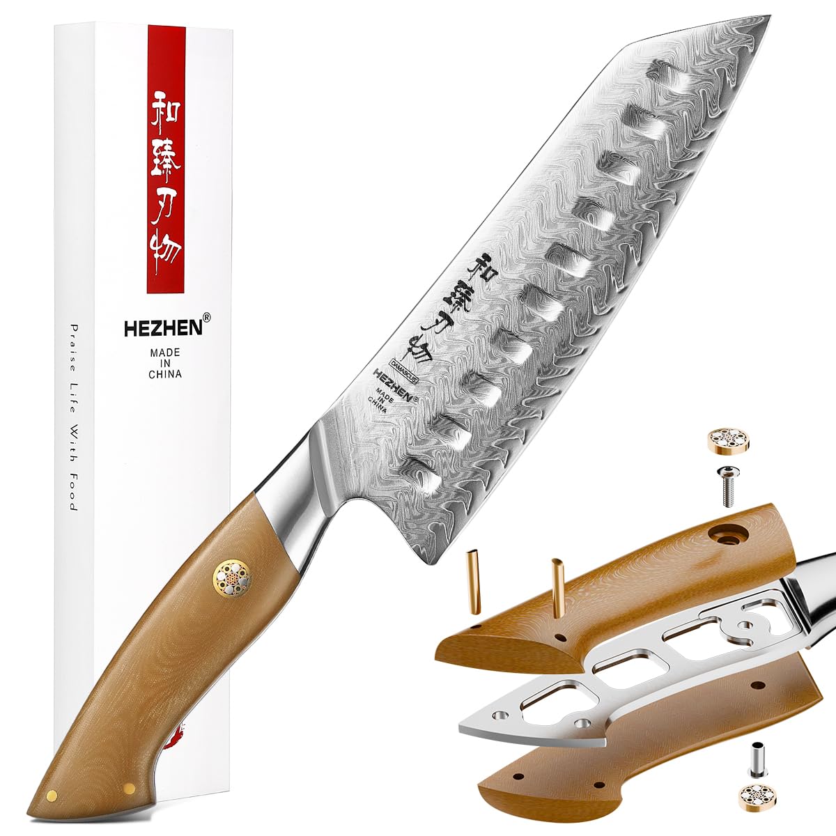 HEZHEN Santokumesser Damast,Japanischer Stil Kochmesser,Ultra-Scharfes Allzweck-Gyutomesser, Komfortabler Full Tang Griff