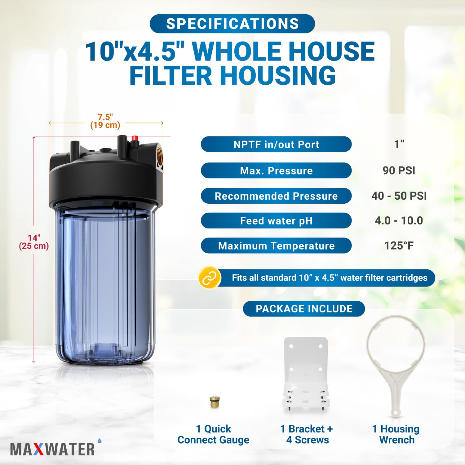1 Pack 10" BB Clear Whole House Water System Filter Housing 1" NPT Brass Ports w/Pressure Release, Wrench and Bracket