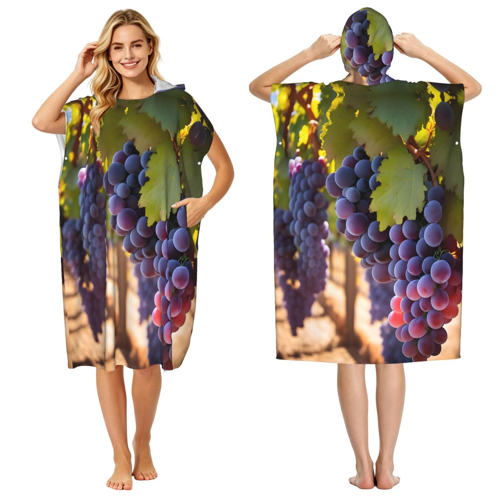 Zaixiansj 110cm Desert Grapes Print Adult Changing Robe Hooded Towel Poncho Surf Swim Beach Cover Up with Pockets