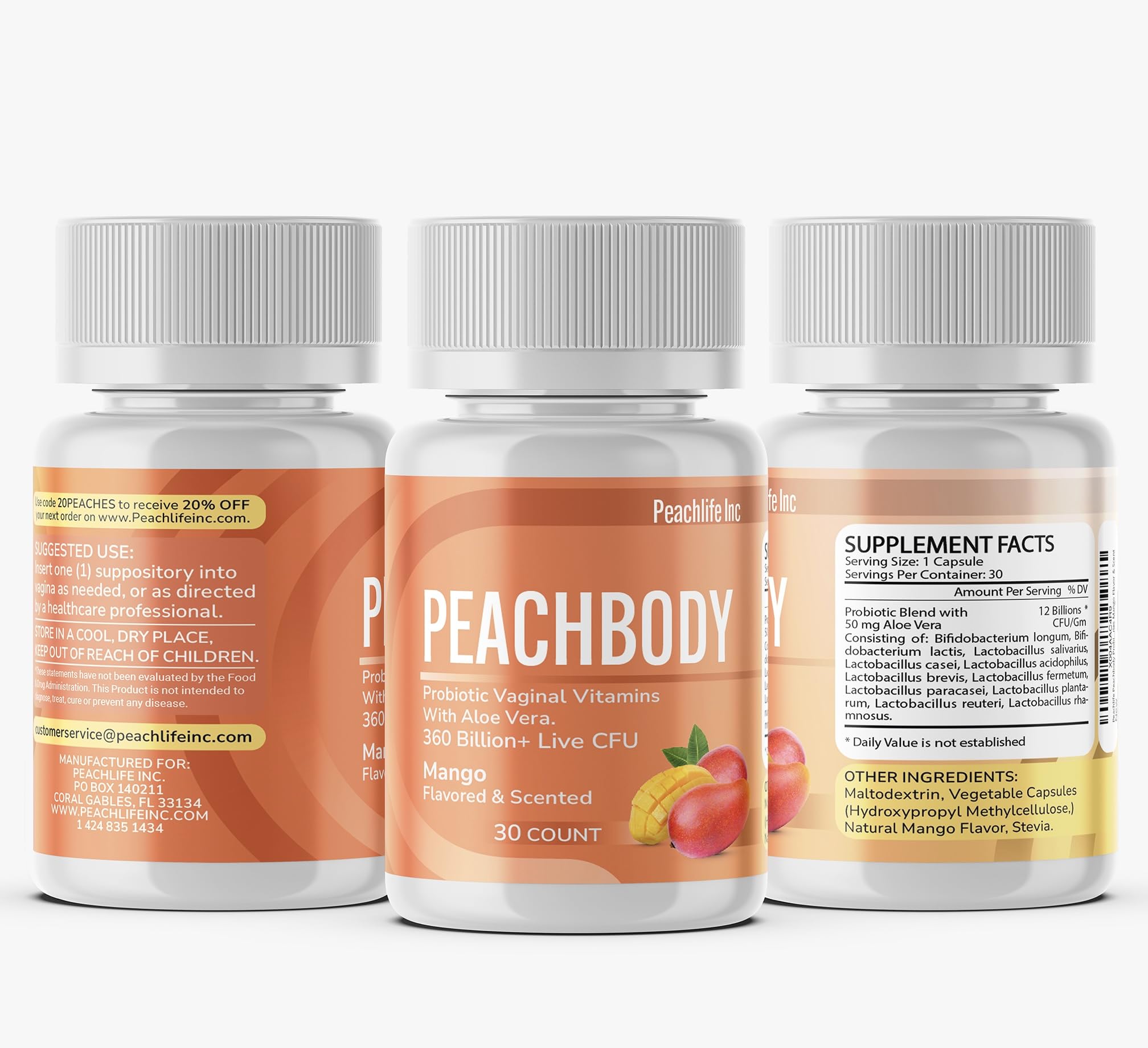 Peachlife Mango Scented & Flavored Probiotic Vaginal Suppositories | 30 Vegetable Capsules with Aloe Vera, Stevia, 11 Strains and 360 Billion+ Live CFU | Made with Natural Extracts Peachbody