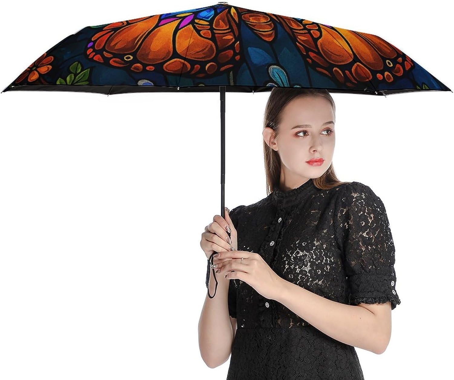 Stained Glass Butterfly Umbrella Compact Travel Parasol with UV Windproof Rainproof Lightweight Portable Folding Auto Open Close Umbrellas for Rain