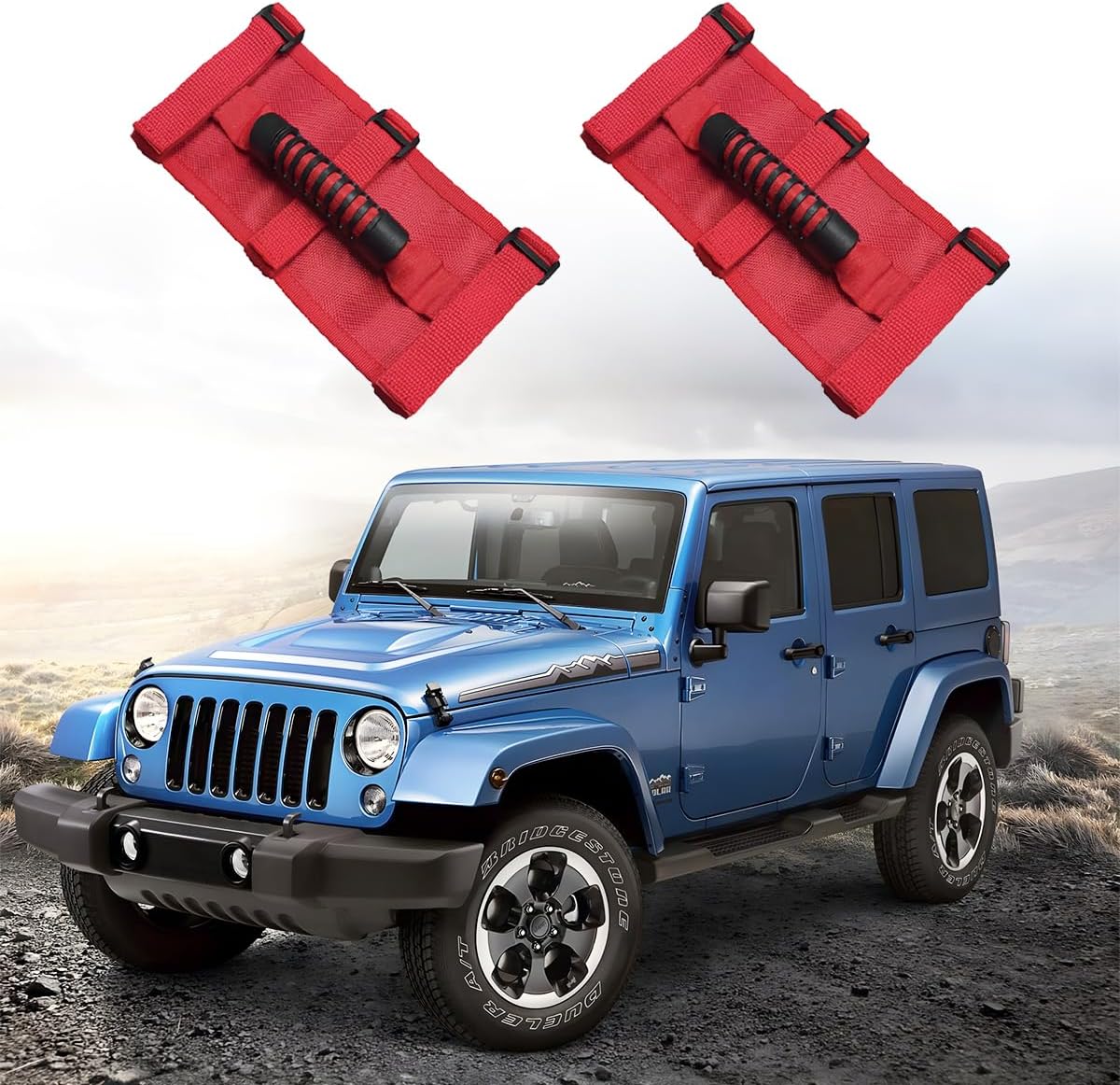 Car Roll Bar Grab Handles, 2PCS Oxford Cloth Adjustable Vehicle Roll Cage Grab Hand Grip, Sturdy Safety ATV Paracord Handles Accessories, Compatible with Wrangler JLU JK JKU (Red)